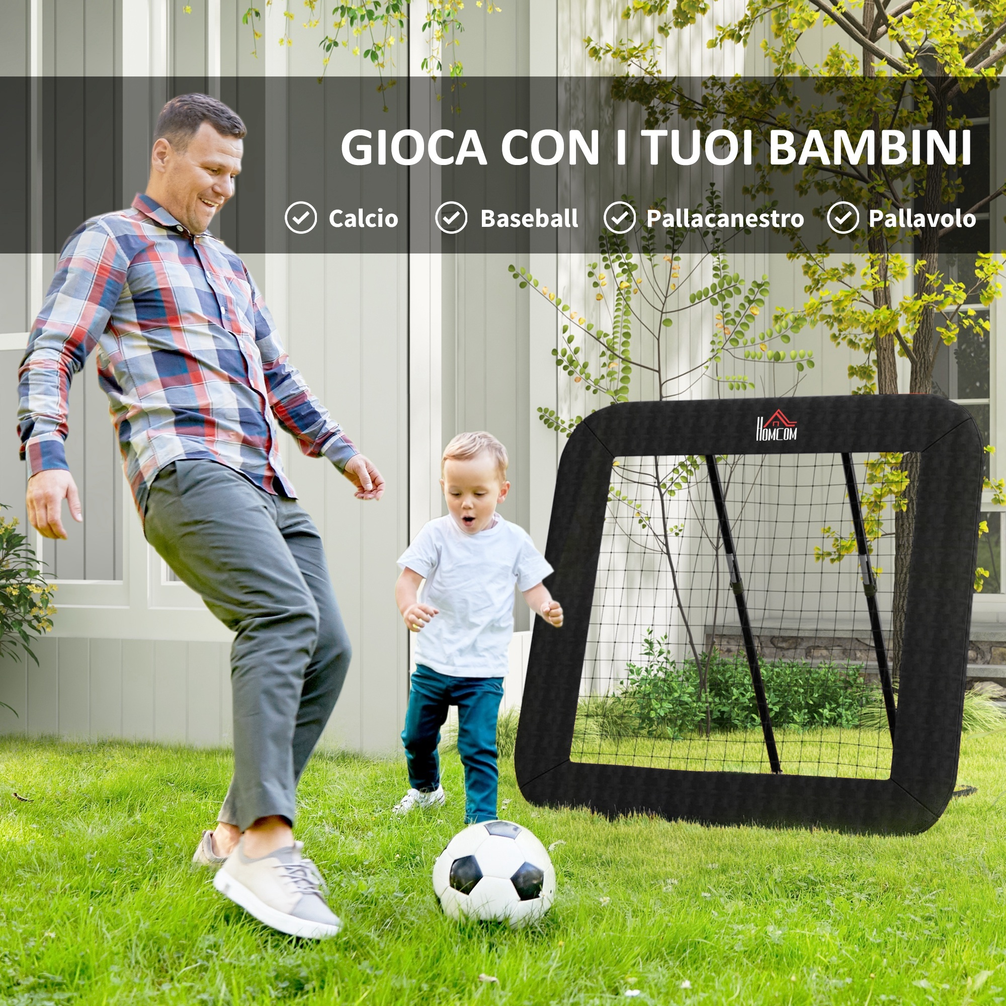 Rebounder pieghevole e regolabile da esterno per calcio, baseball e pallavolo, 128x118x108-120 cm, nero - 