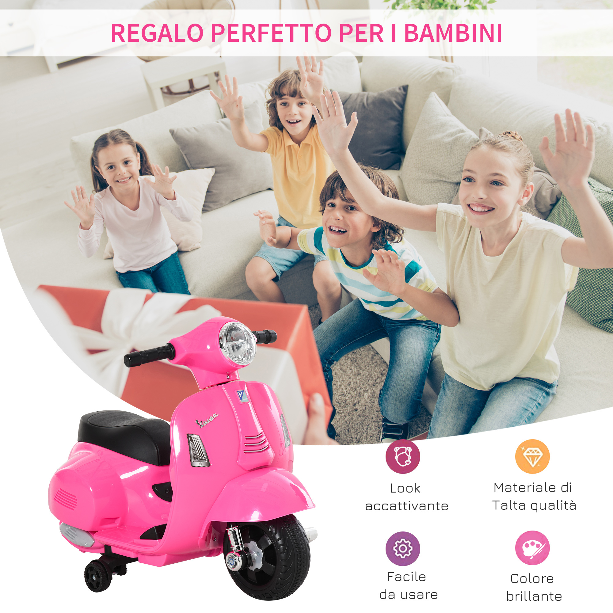 Moto elettrica per bambini con licenza ufficiale vespa batteria 6v, fari e clacson, per bimbi da 18-36 mesi, rosa, 66.5x38x52cm - 