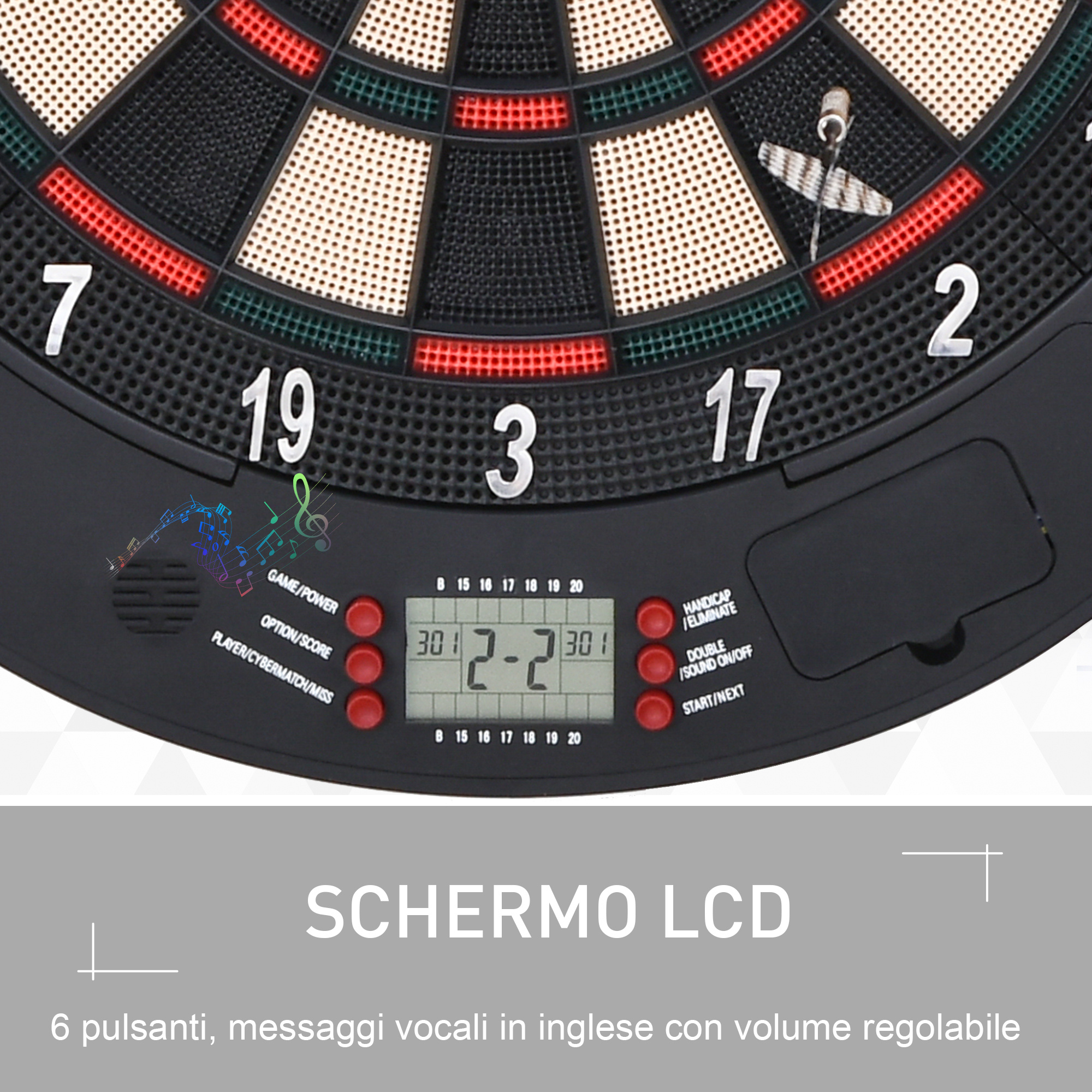 Bersaglio freccette elettronico per 8 giocatori con 6 freccette, schermo lcd, 2 porte e 26 modalità di gioco - 