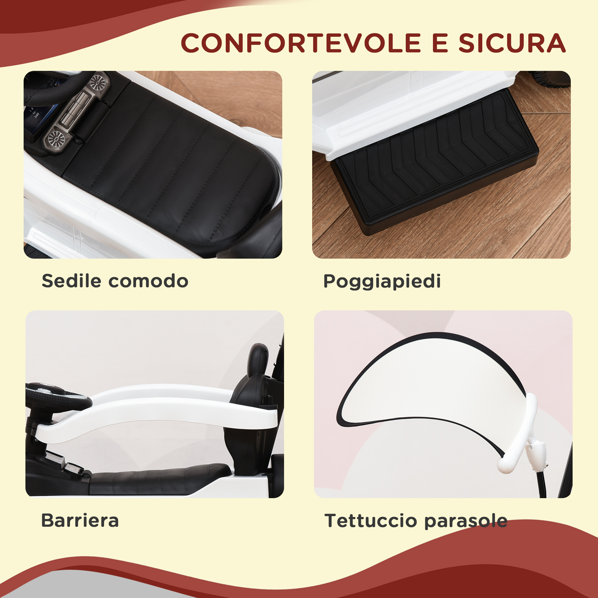 Macchina a spinta per bambini 12-36 mesi con licenza mercedes, tettuccio e maniglia di spinta, 85.5x40.5x95 cm, bianco - 