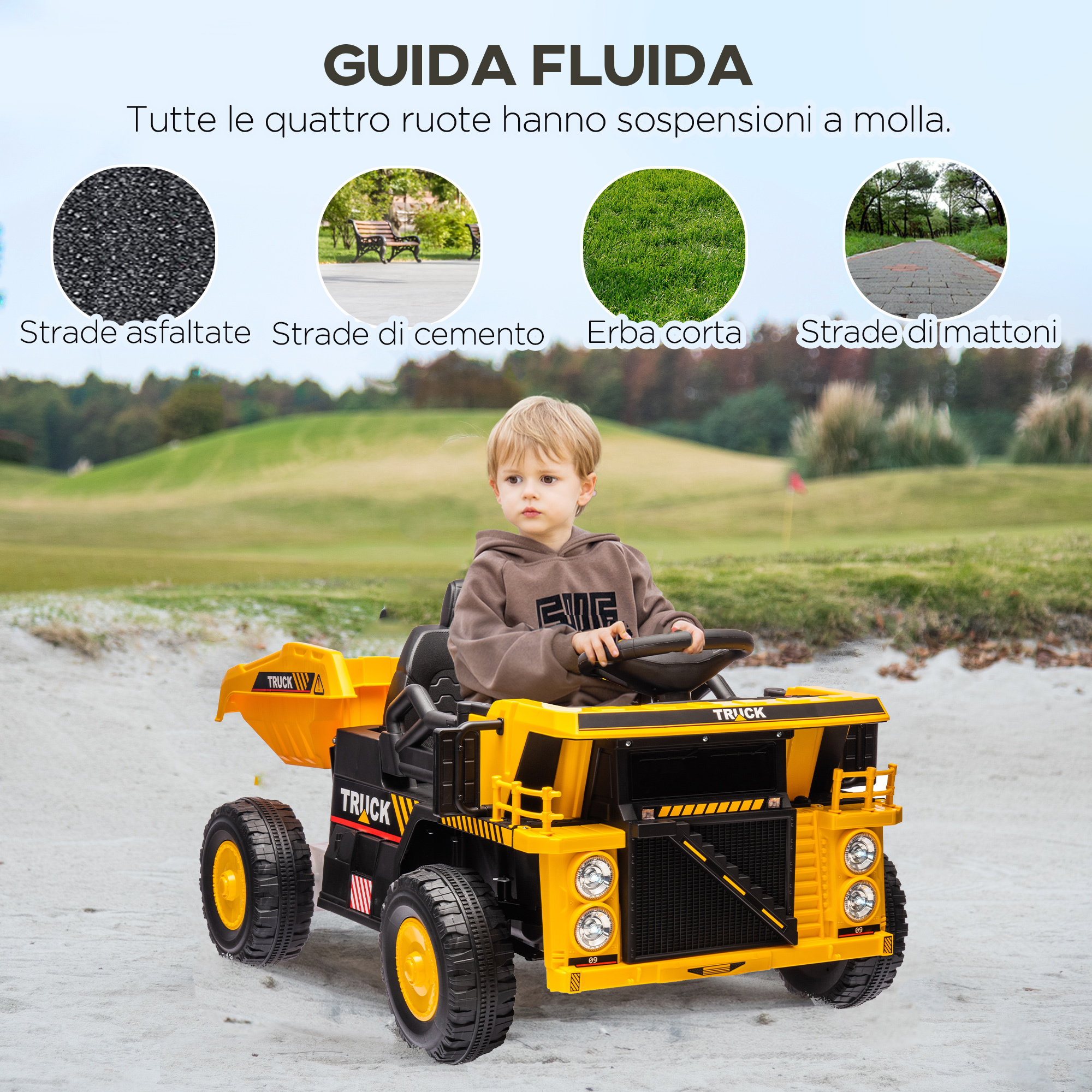 Camion per bambini 3-5 anni con motore 12v, macchina elettrica per bambini con musica e fari, giallo - 