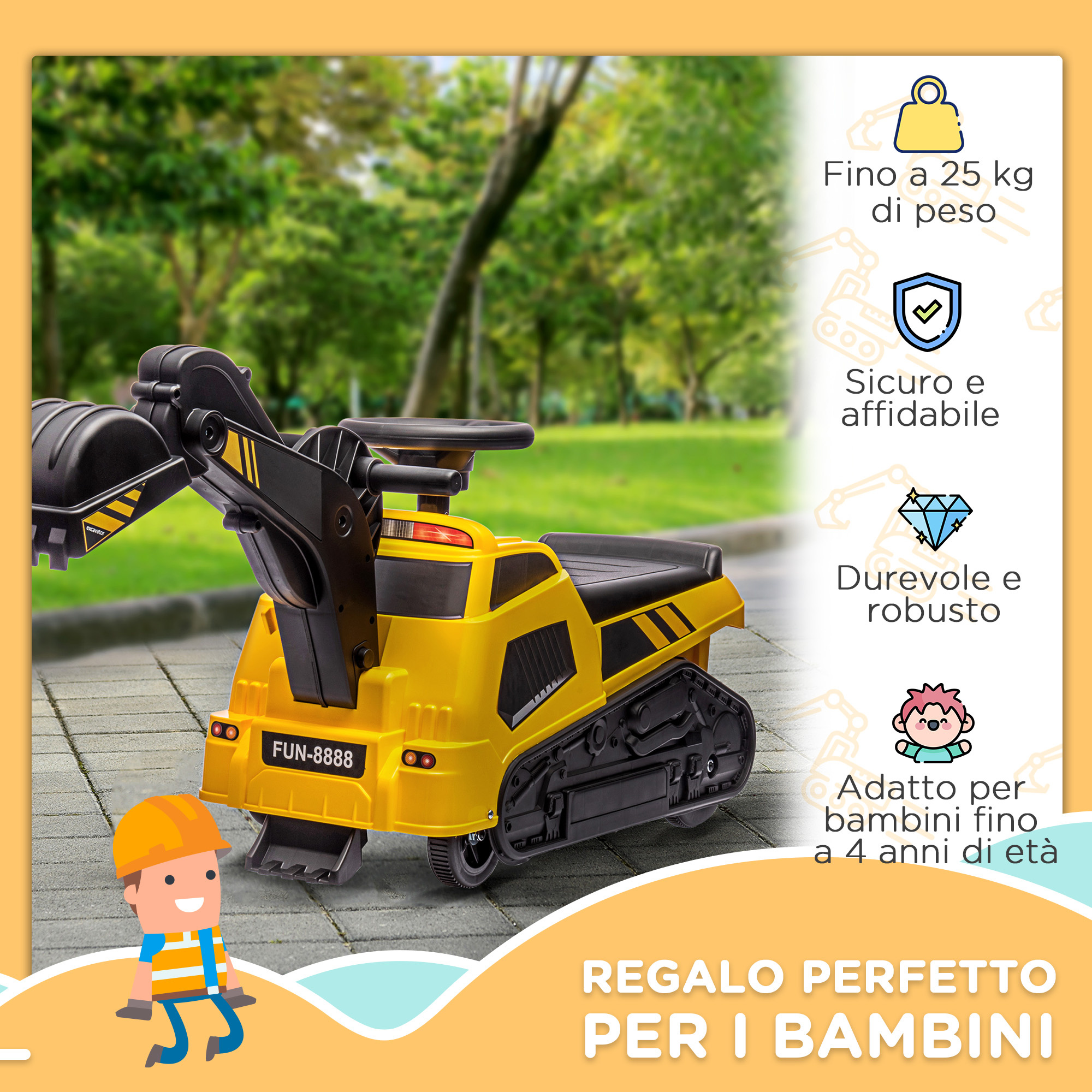 Ruspa giocattolo 3 in 1 con volante e benna di scavo, 100x43x48.5 cm, giallo e nero - 