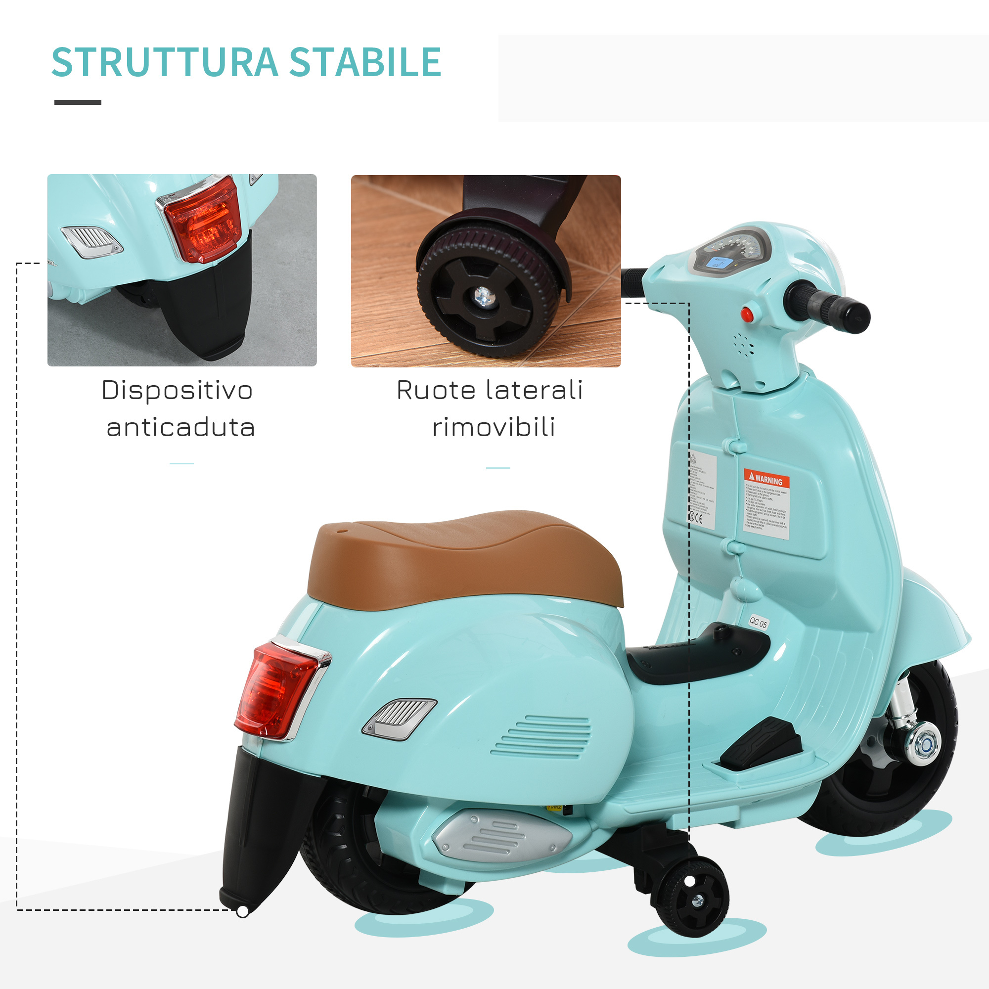 Moto elettrica per bambini con licenza ufficiale vespa batteria 6v, fari e clacson, per bimbi da 18-36 mesi, verde, 66.5x38x52cm - 