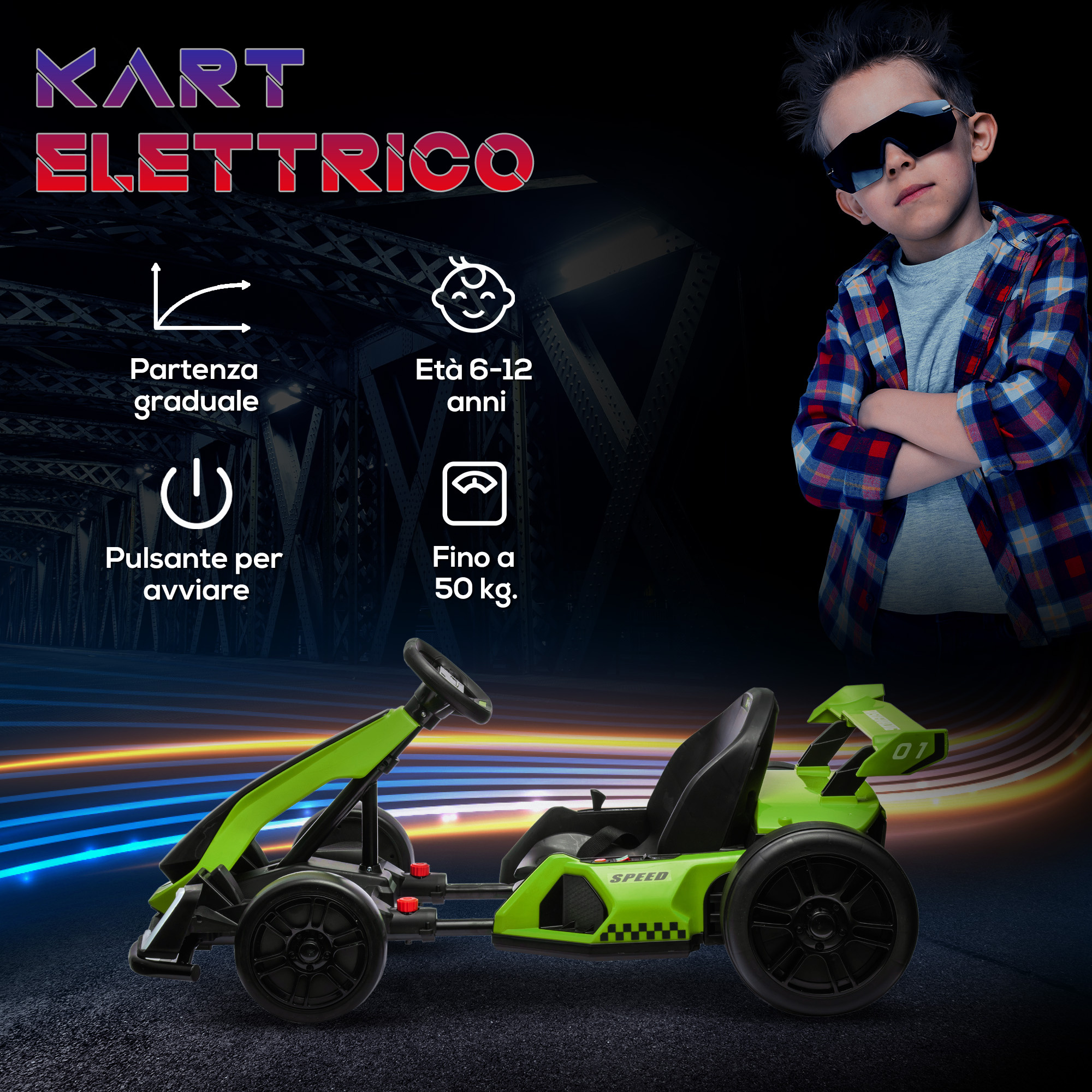 Go kart elettrico per bambini 6-12 anni 24v 12km/h con seggiolino regolabile, verde - 