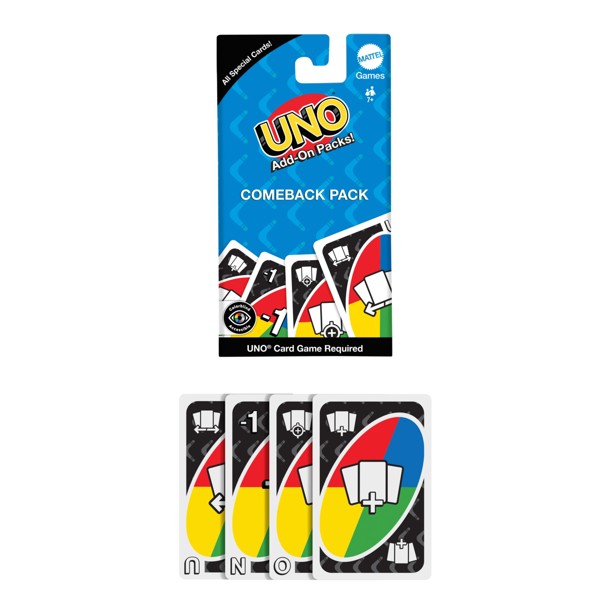 Mattel games - uno add-on packs singolo assortito, 16 carte speciali da utilizzare con il gioco uno, a tema cambia giro, impila, scambia o velocità - UNO
