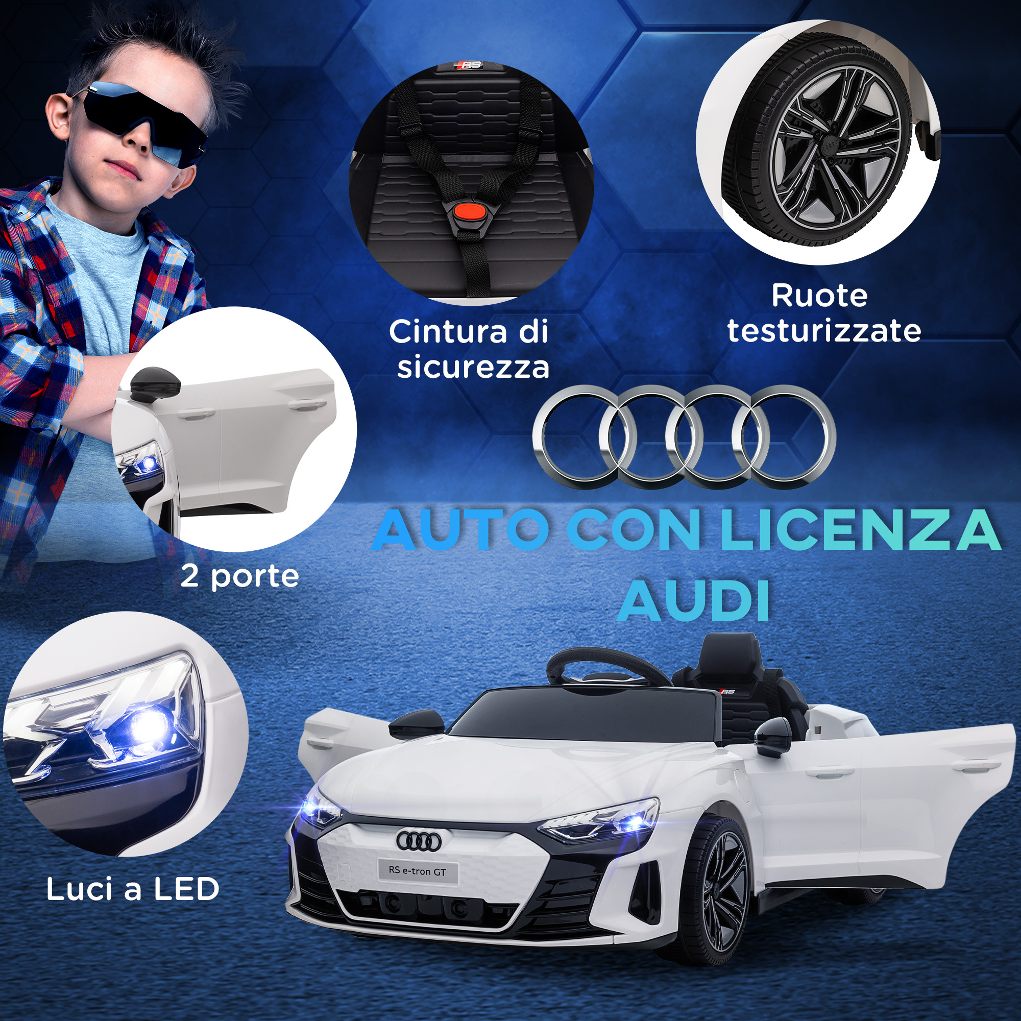 Auto elettrica per bambini 3-5 anni con telecomando, sospensioni e clacson, 103x58x41 cm, bianca e nero - 