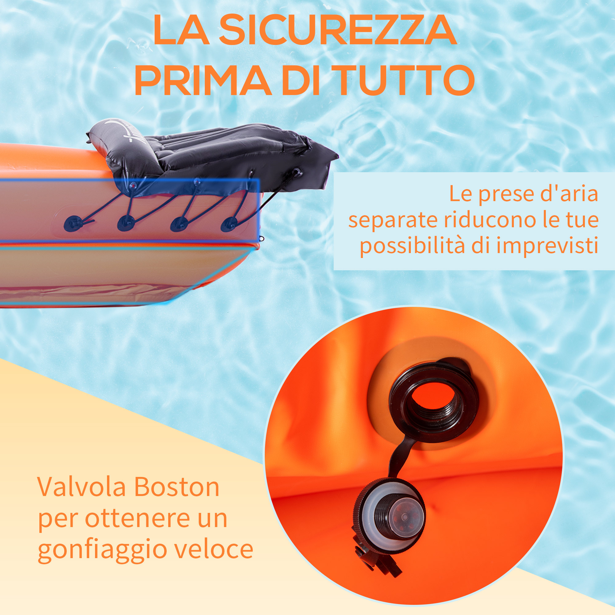 Canoa gonfiabile 2 posti in pvc con 2 remi in alluminio e accessori, arancione - 