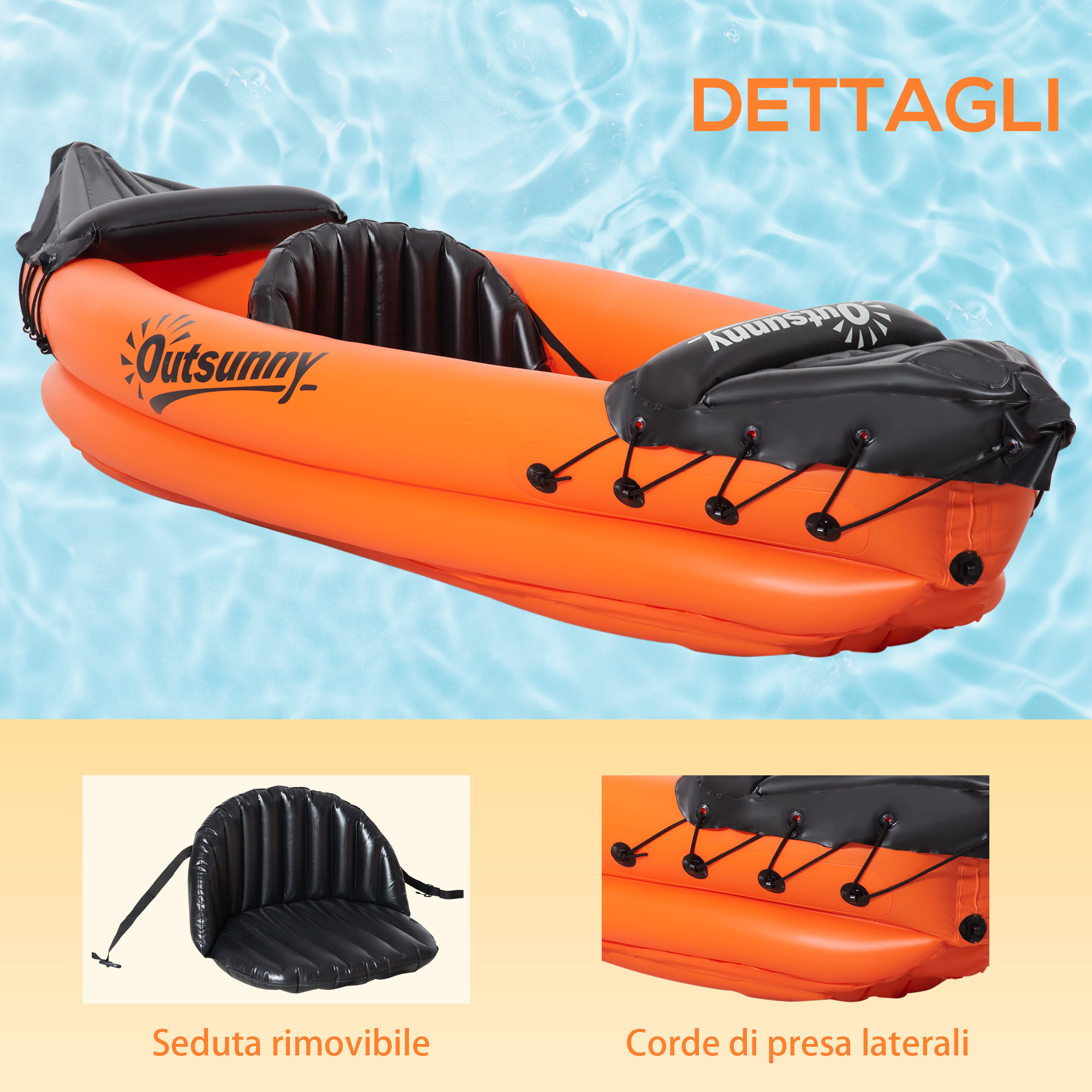 Canoa gonfiabile 2 posti in pvc con 2 remi in alluminio e accessori, arancione - 