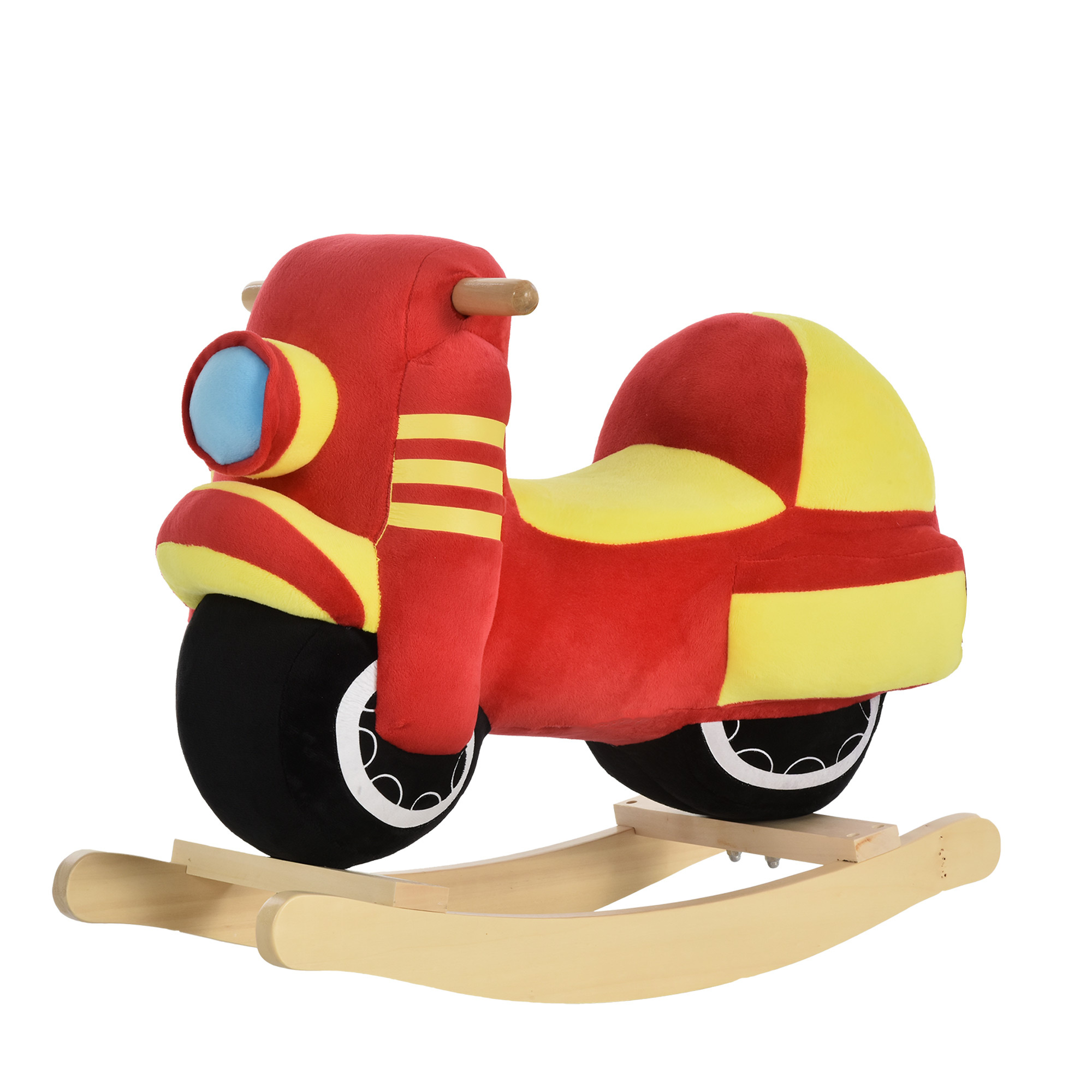 Cavallo a dondolo per bambini 18-36 mesi a forma di moto, per bambini cavalcabile in legno e peluche, suoni realistici, max. 40kg, rosso e giallo - 