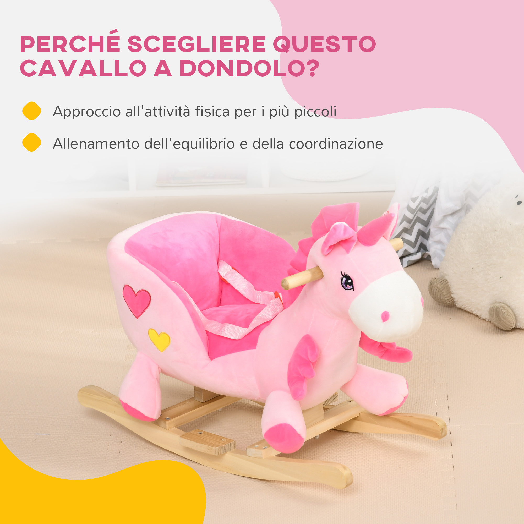 Cavallo a dondolo unicorno con 32 canzoni, base in legno e cintura di sicurezza, età 18-36 mesi, rosa - 