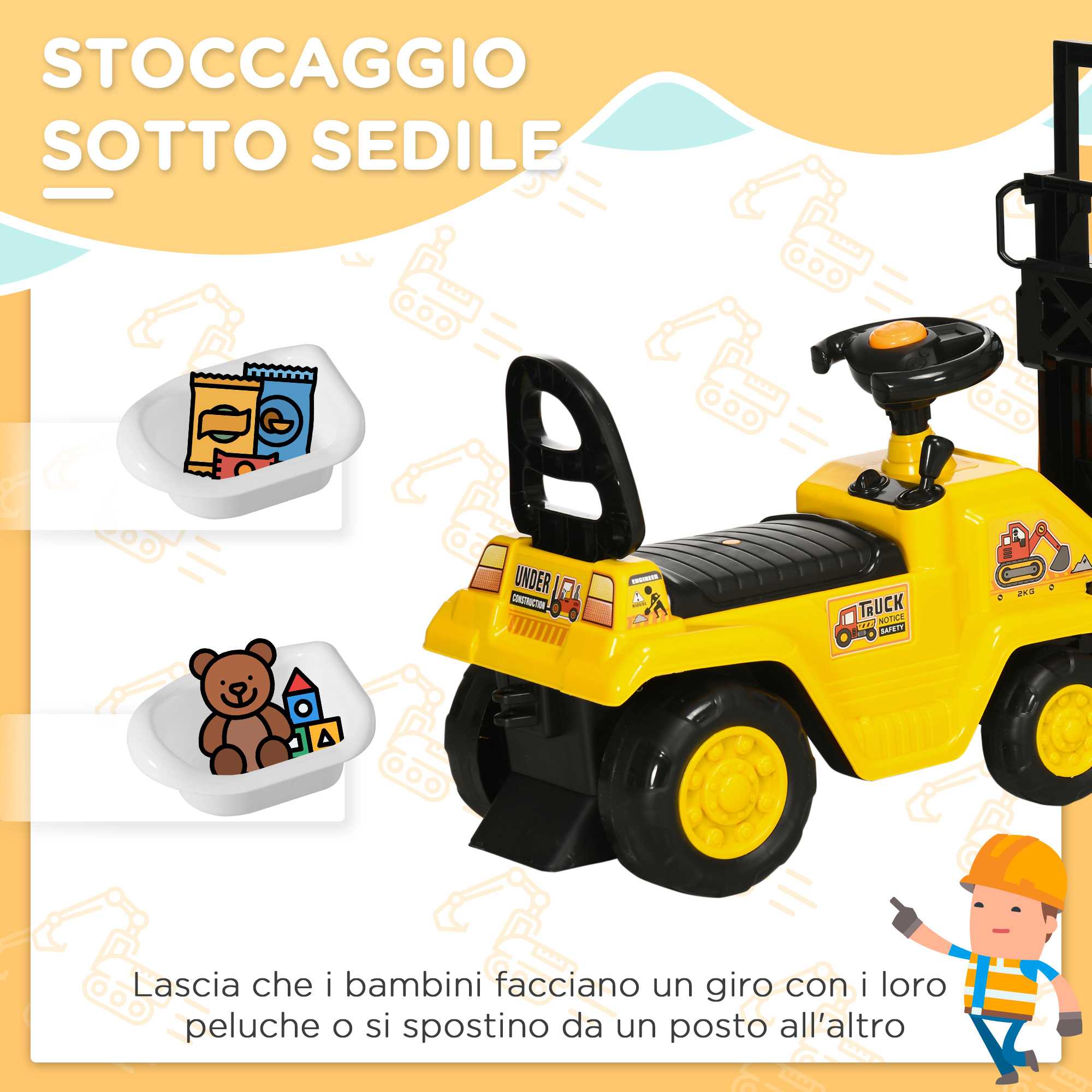 Trattore a pedali per bambini 3-4 anni con muletto e spazio portaoggetti, 86x27.5x47.5 cm, giallo e nero - 