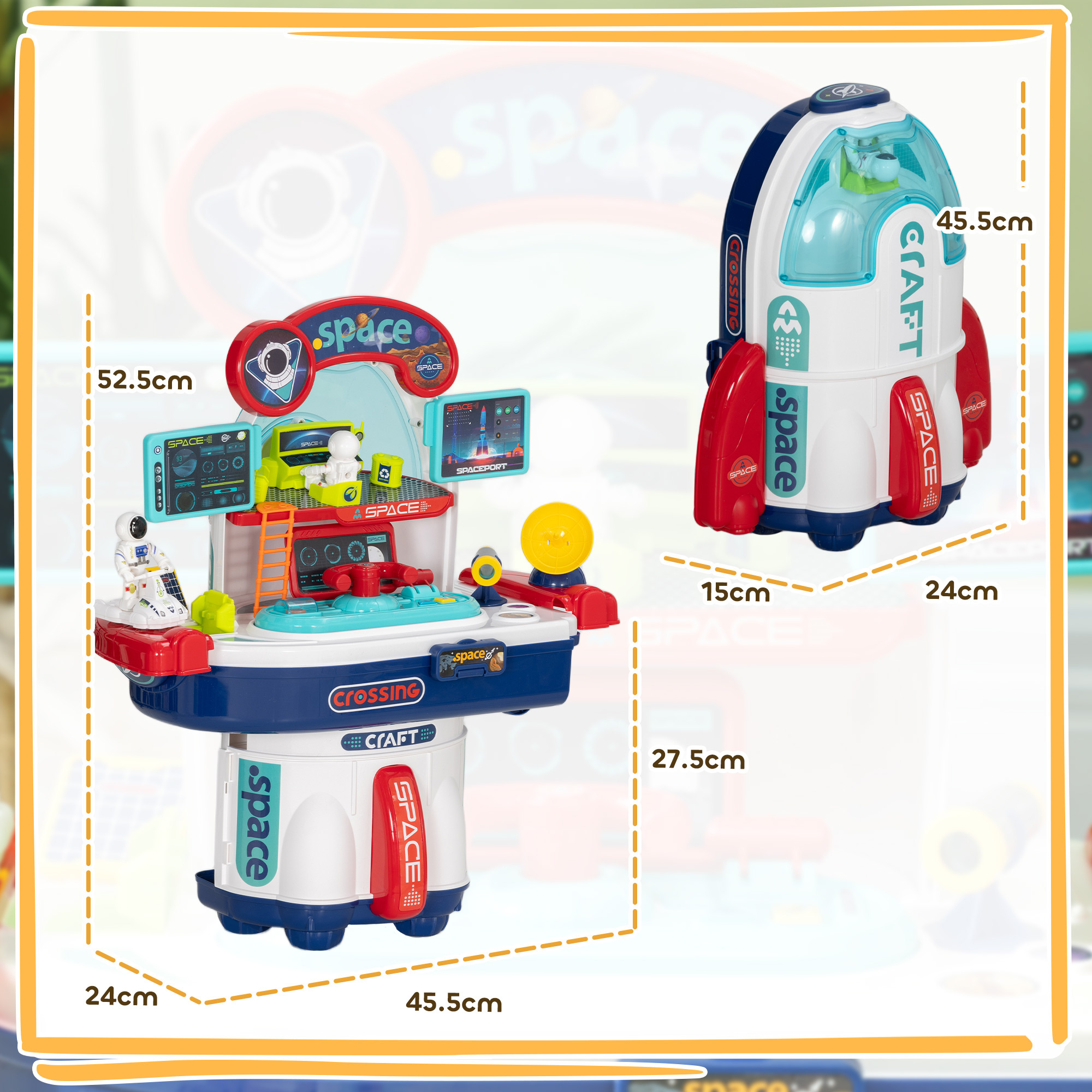 Banco da lavoro giocattolo da 21 pezzi a tema spaziale con suoni e luci, in pp e gpps, 45.5x24x52.5 cm - 