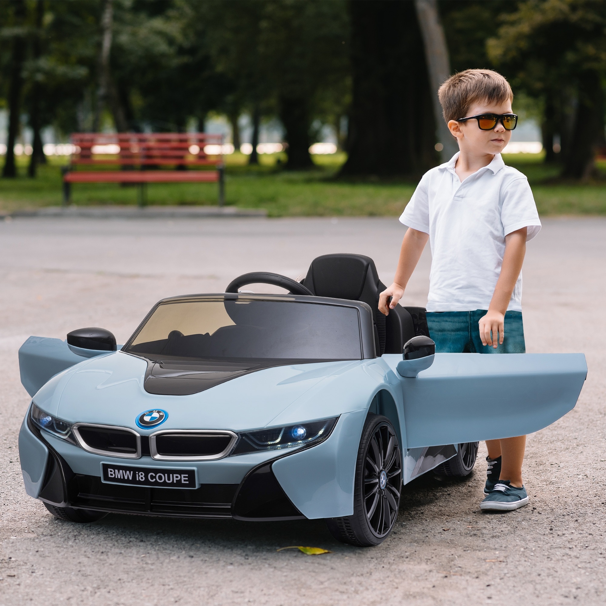 Macchina elettrica per bambini 3-8 anni licenza bmw i8 coupé con telecomando e 2 porte, 115x72.5x46 cm, blu - 