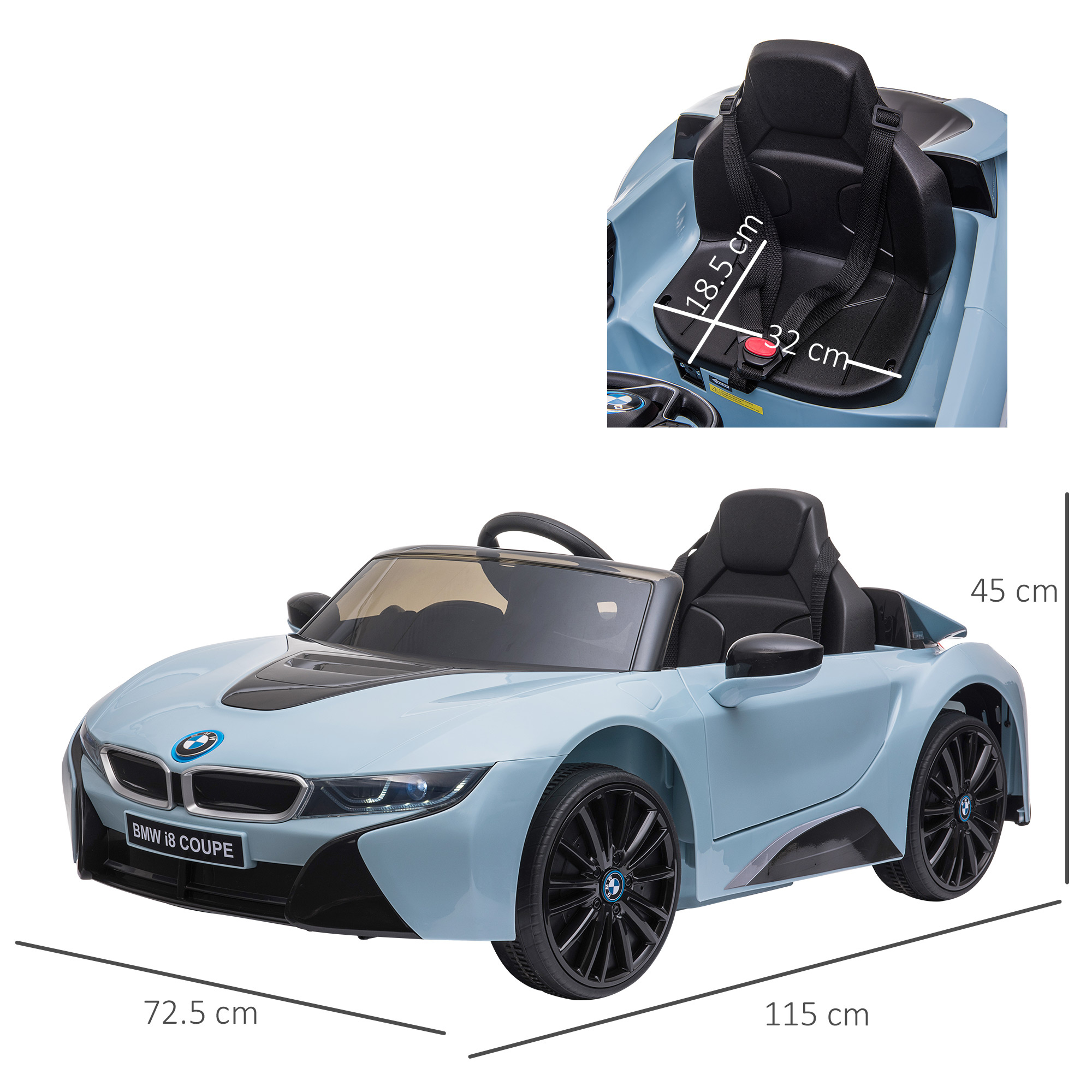 Macchina elettrica per bambini 3-8 anni licenza bmw i8 coupé con telecomando e 2 porte, 115x72.5x46 cm, blu - 