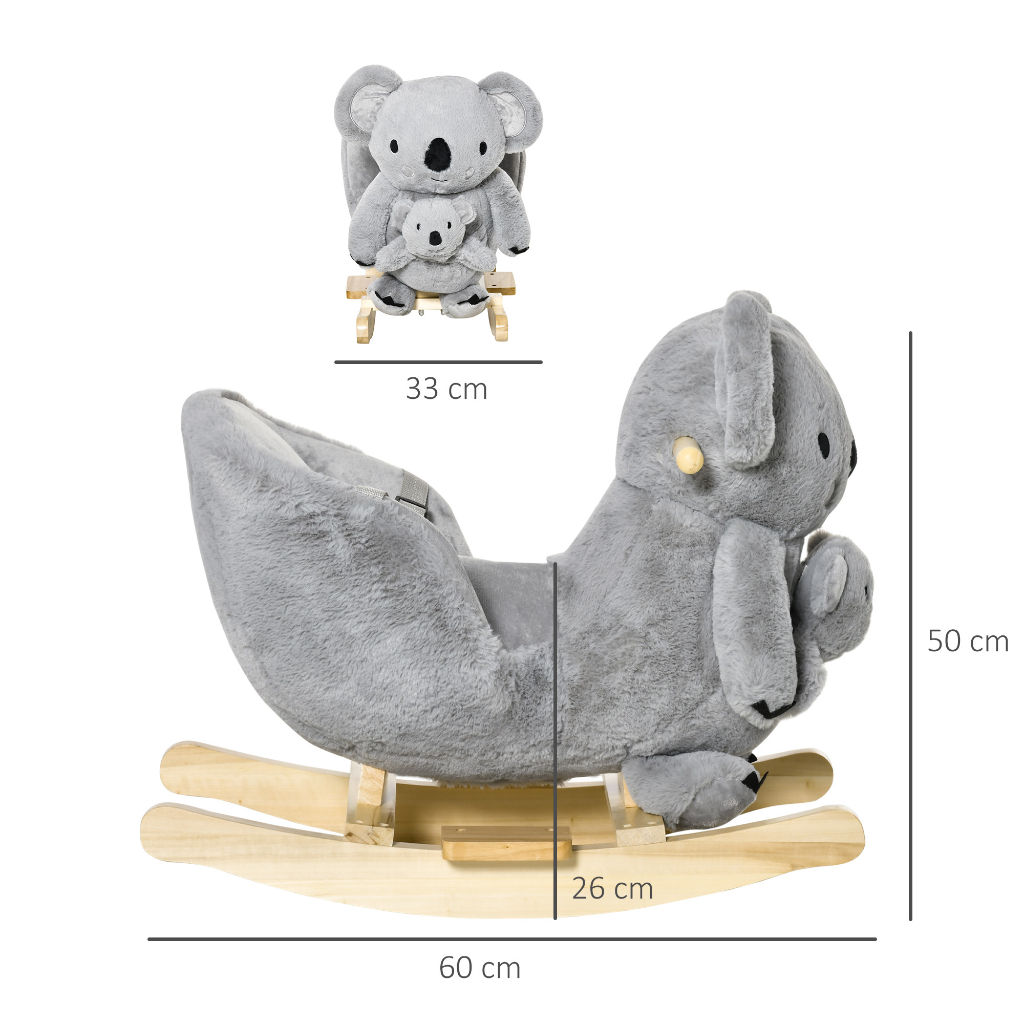 Cavallo a dondolo koala in peluche imbottita con suoni, cintura di sicurezza e base in legno, 60x33x50cm, grigio - 