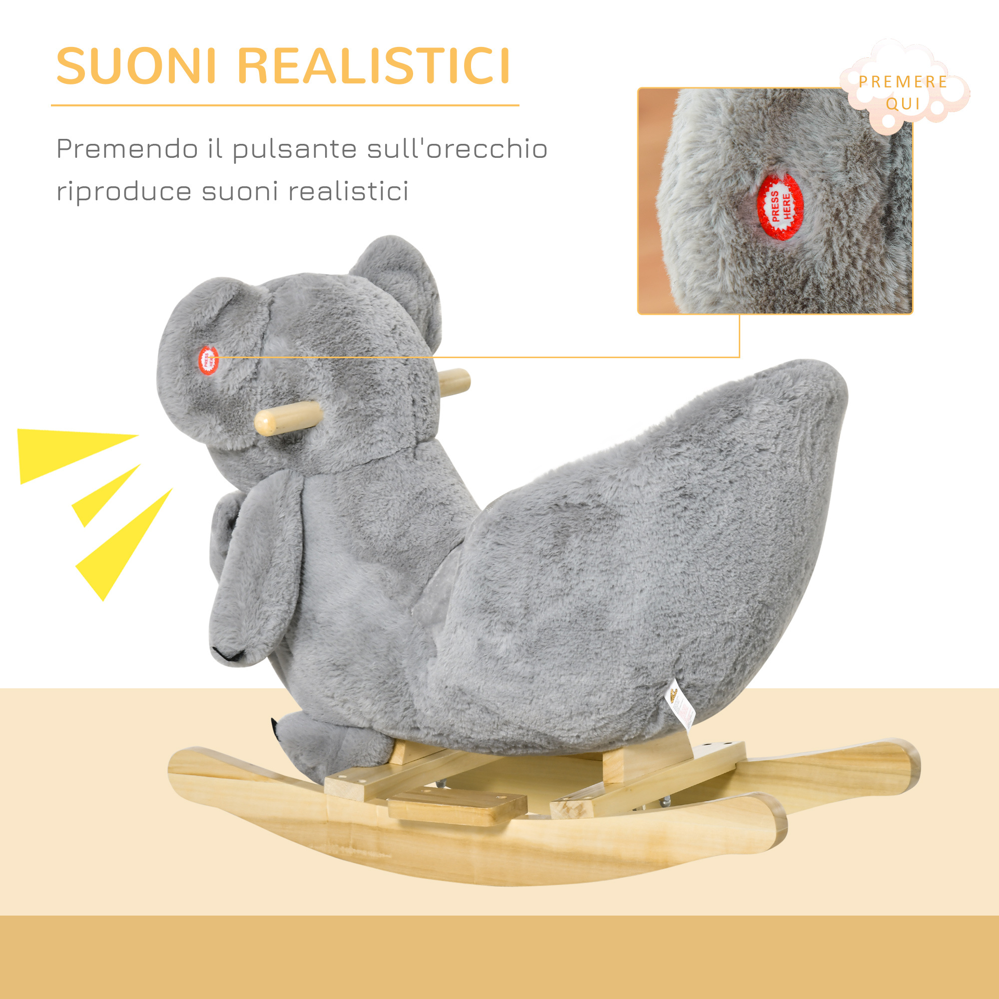 Cavallo a dondolo koala in peluche imbottita con suoni, cintura di sicurezza e base in legno, 60x33x50cm, grigio - 