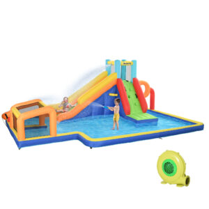 Castello gonfiabile per bambini 3-8 anni con scivolo, parete, porta e canestro, in tessuto oxford, 590x460x220 cm - 