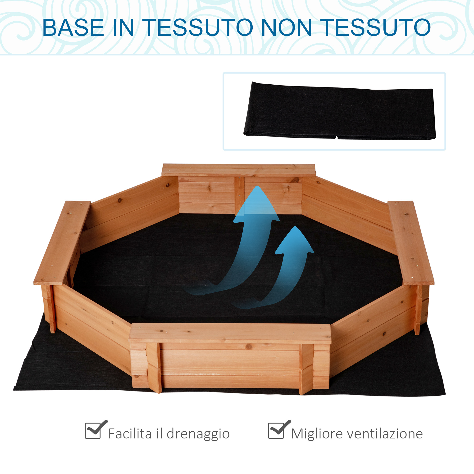 Sabbiera per bambini in legno con sedili e copertura, età 3-8 anni, 139.5x139.5x21.5cm - 
