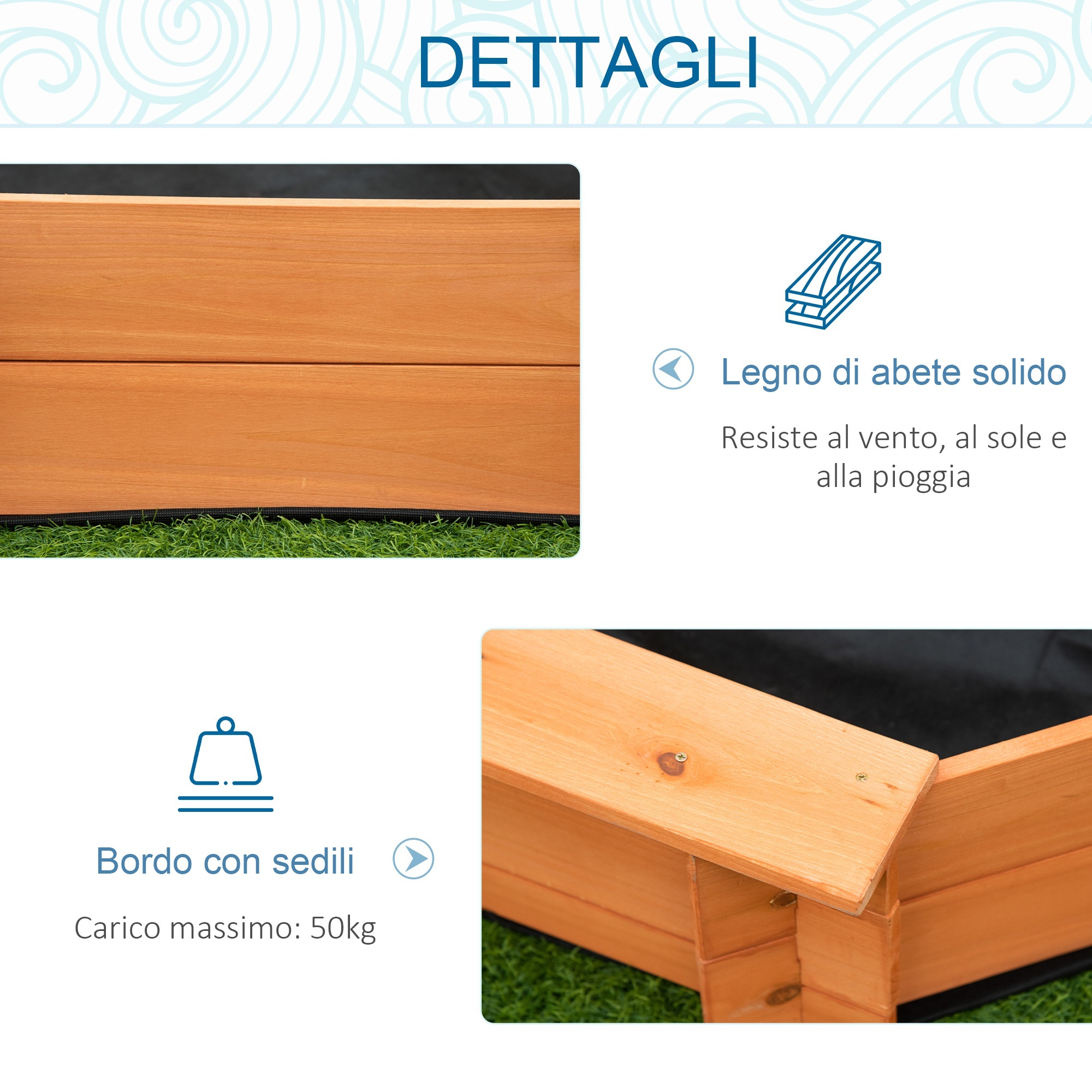 Sabbiera per bambini in legno con sedili e copertura, età 3-8 anni, 139.5x139.5x21.5cm - 