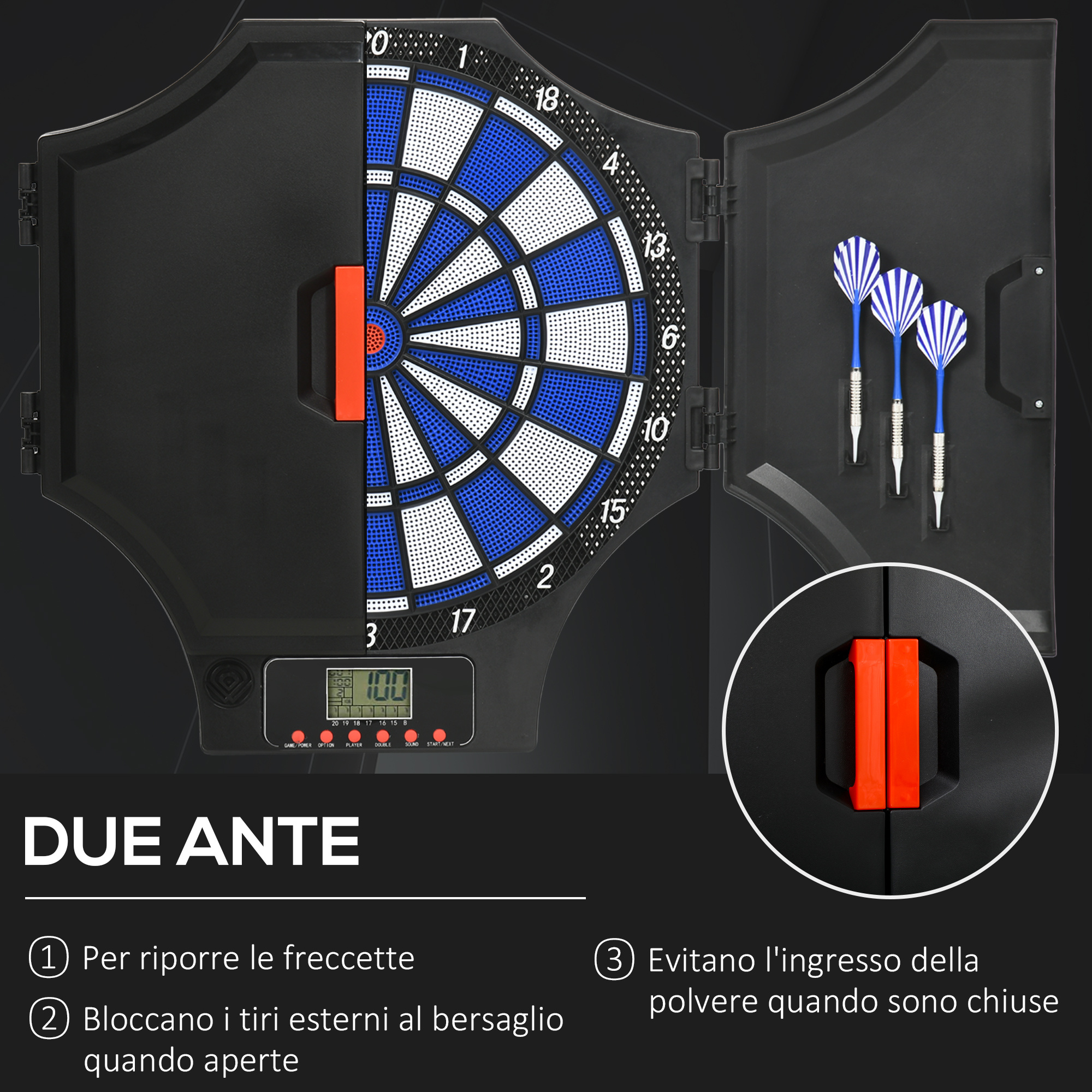 Bersaglio freccette elettronico in pp con 6 freccette e monitor lcd, 83x45x4 cm, rosso e nero - 