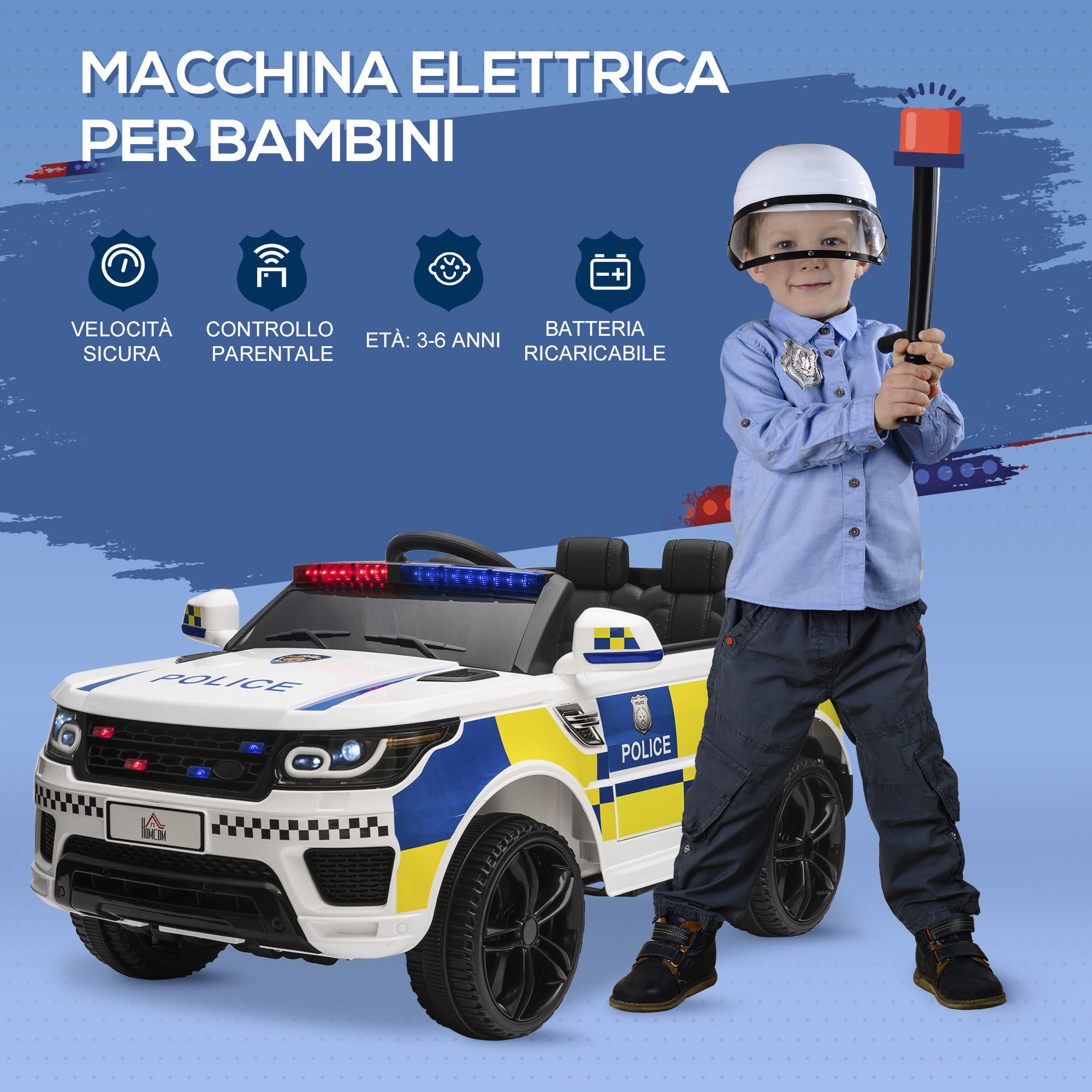 Macchina elettrica per bambini della polizia, batteria 12v e telecomando, sirena luci attacco usb per musica, 110x68x52cm, bianco - 