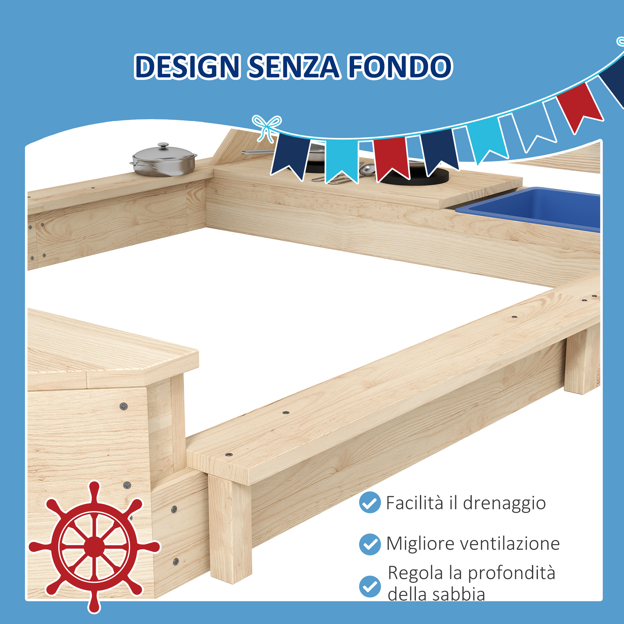 Sabbiera per bambini 3-7 anni con tettuccio e set da cucina, in legno di abete, 180x103x144.5 cm - 