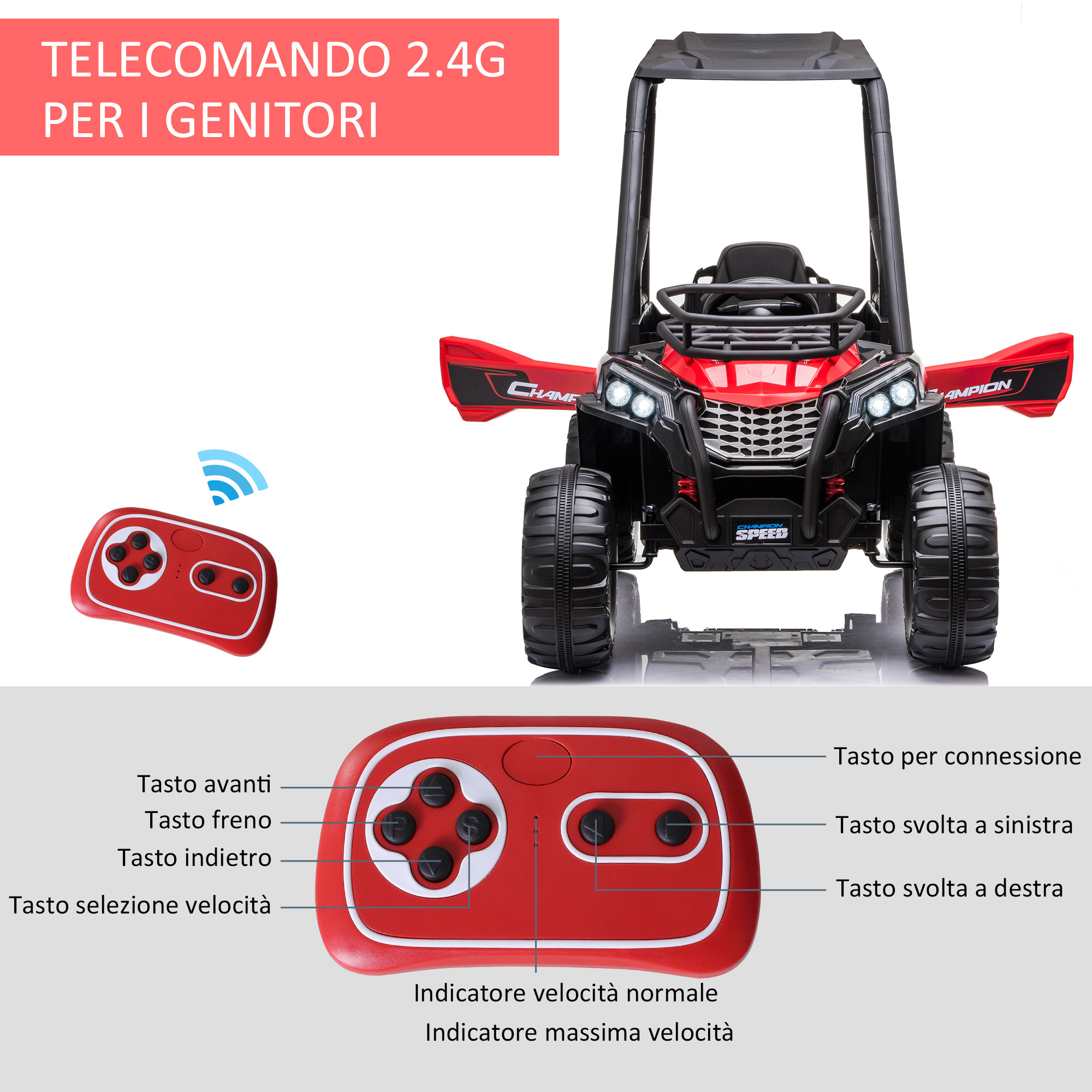 Macchina elettrica per bambini 12v, velocità 3-6km/h, quad elettrico mini con doppio motori, usb, lettore mp3 e telecomando, 118x76x104cm - 
