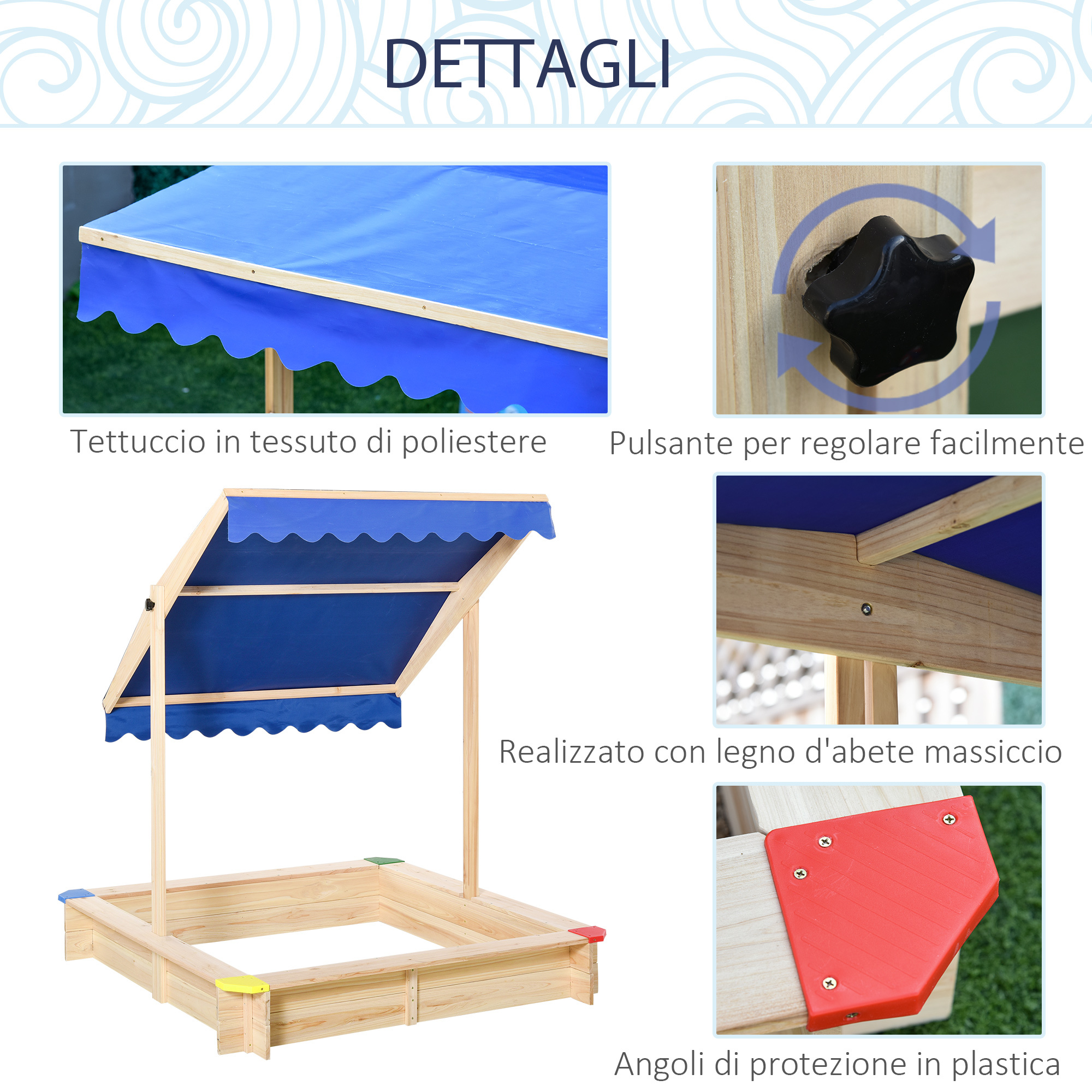 Sabbiera per bambini in legno con panca e tettuccio parasole regolabile, 120x120x120cm, colore legno e blu - 