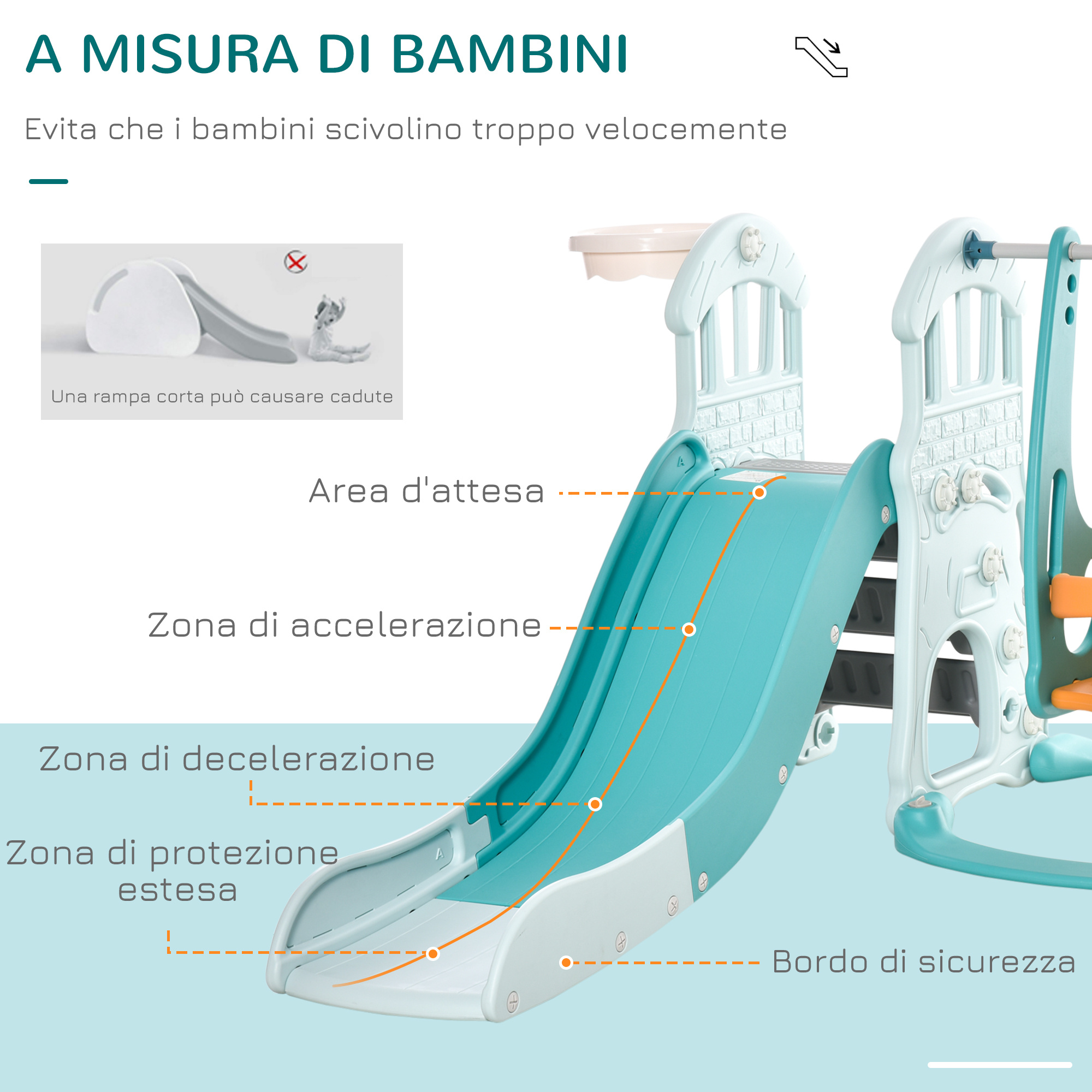 Scivolo 3 in 1 per bambini con altalena regolabile, canestro e palle per cameretta e giardino, 149x186x98cm, blu e arancione - 