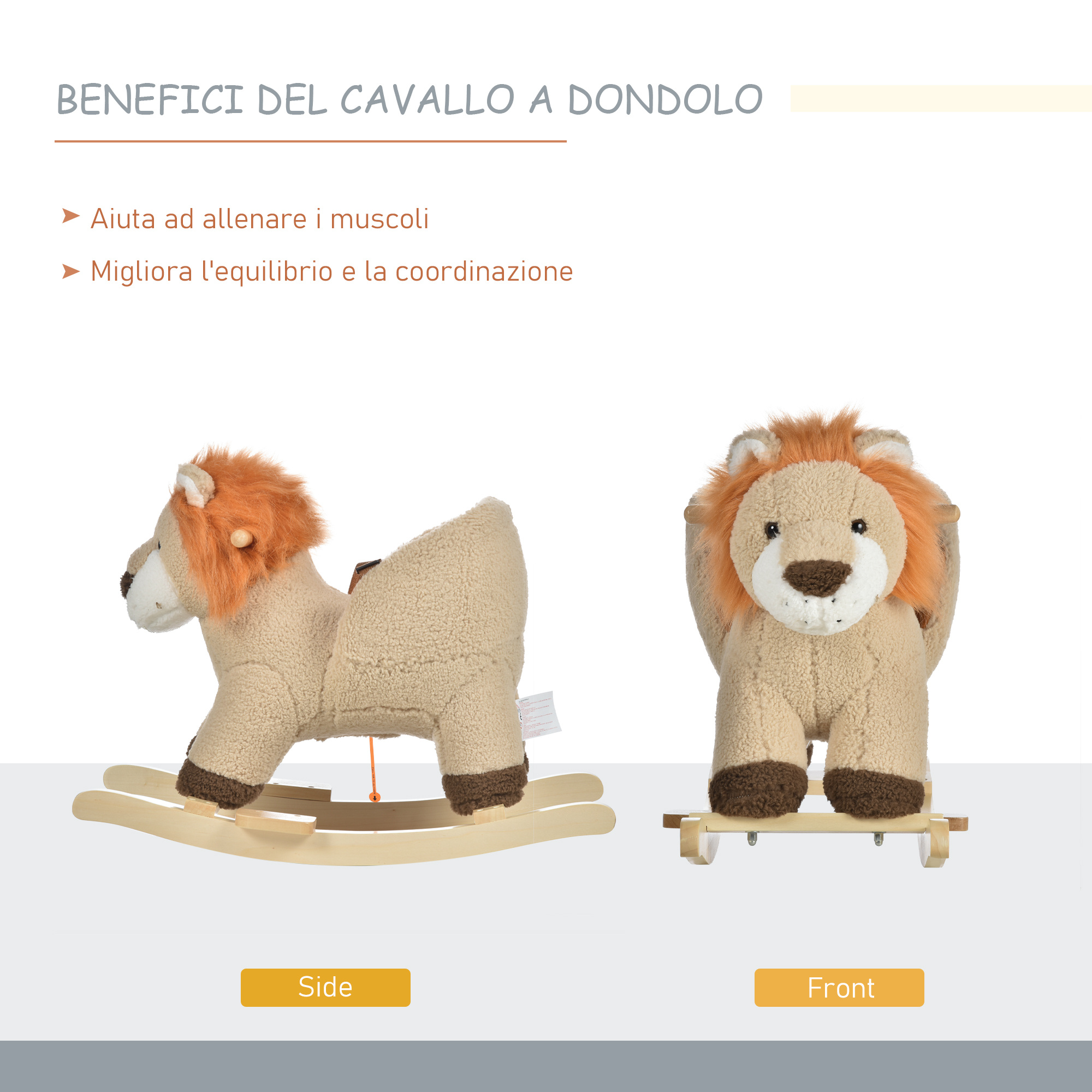 Dondolo giocattolo a forma di leone per bambini 18-36 mesi, ruggisce (3 batterie incluse), in legno e peluche - 