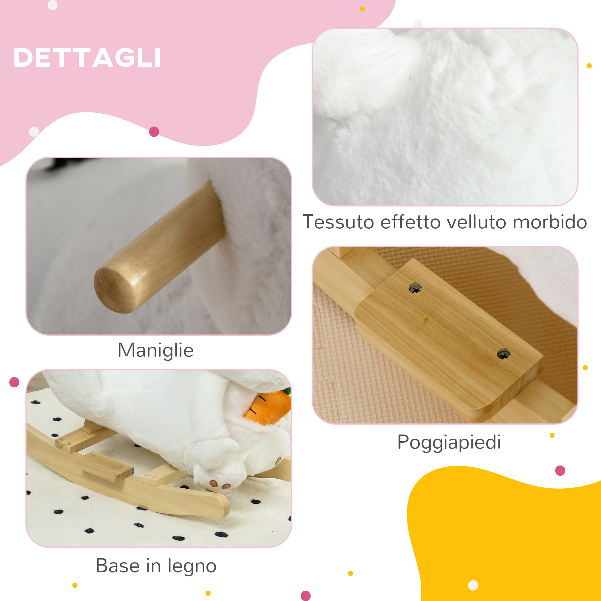 Animale a dondolo a forma di coniglio con suoni e cintura di sicurezza, 60x33x50 cm, bianco - 