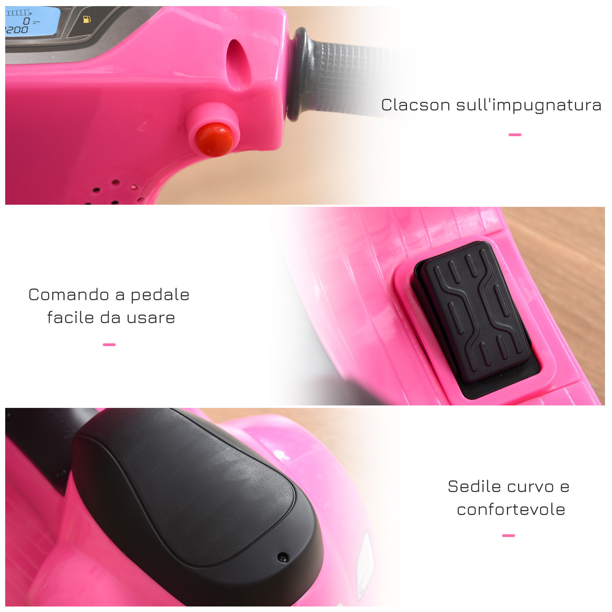 Moto elettrica per bambini con licenza ufficiale vespa batteria 6v, fari e clacson, per bimbi da 18-36 mesi, rosa, 66.5x38x52cm - 