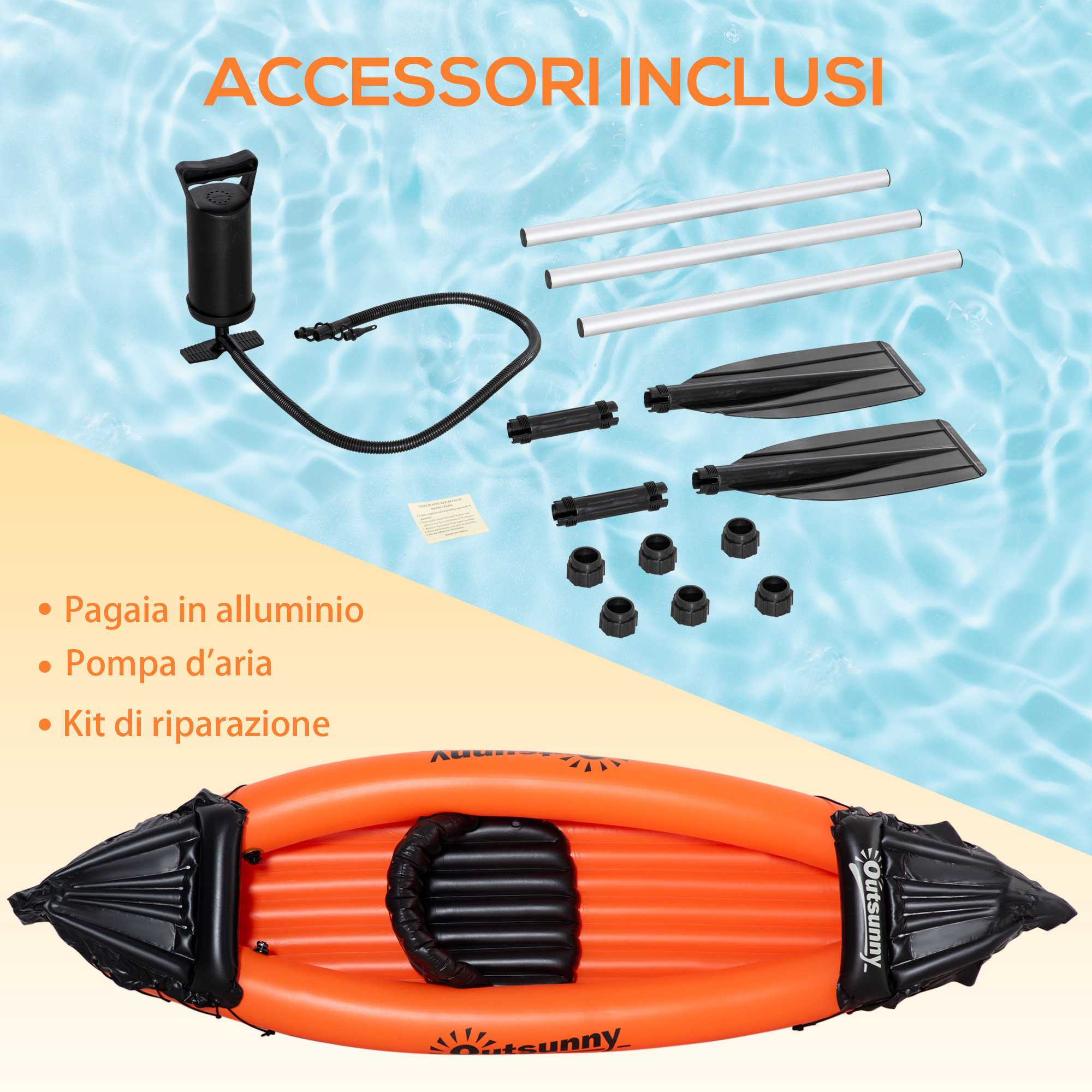 Canoa gonfiabile 2 posti in pvc con 2 remi in alluminio e accessori, arancione - 