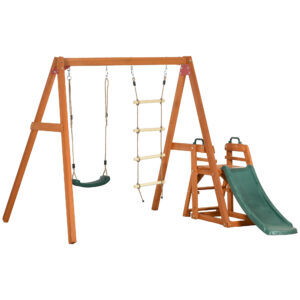 Set con scivolo, altalena da giardino e scaletta a corda in legno per bambini età 3-8 anni - 