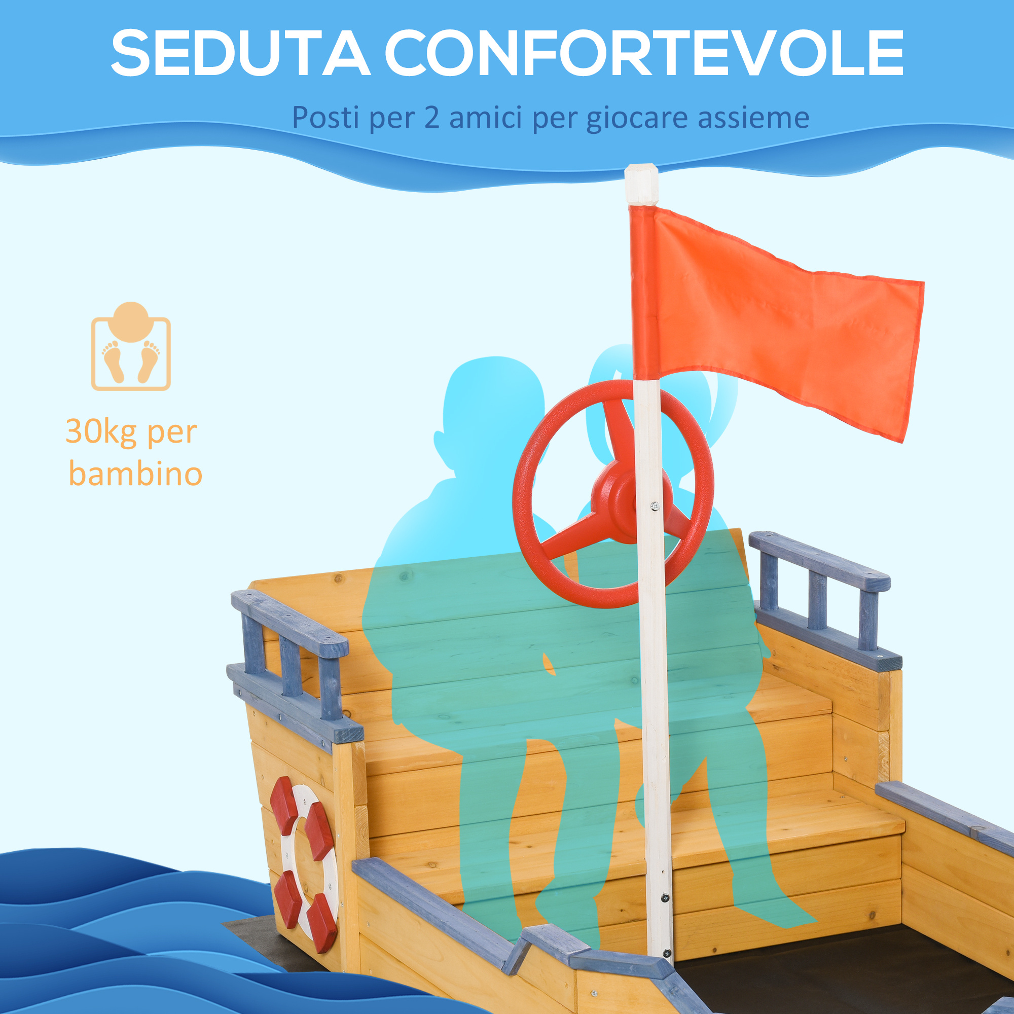 Sabbiera per bambini in legno a forma di nave dei pirati con vano contenitore, 158x78x45.5 cm - 