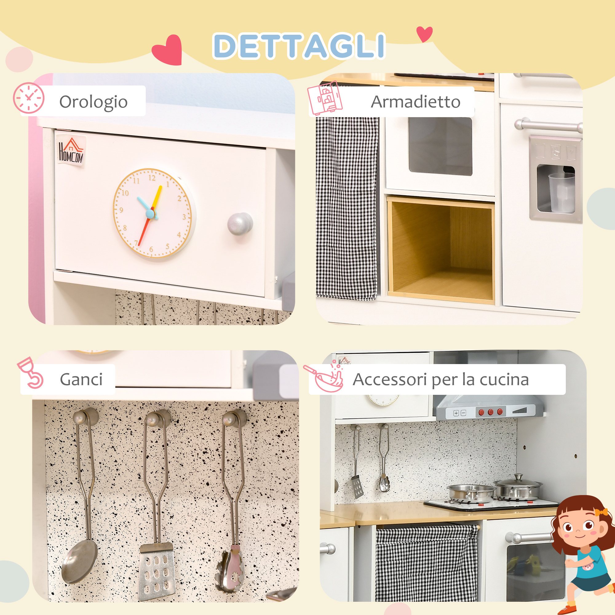 Cucina giocattolo 2 pezzi per bambini 3-6 anni con utensili da cucina, luci ed effetti sonori, in mdf e pp - 