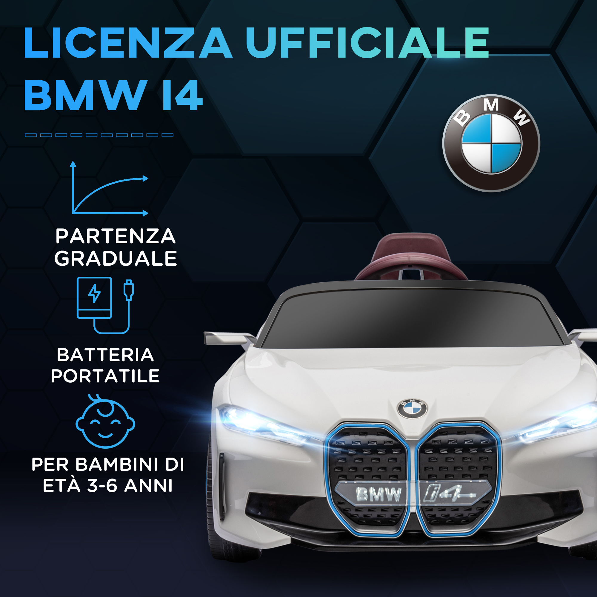 Macchina elettrica per bambini 3-6 anni con licenza bmw con telecomando, clacson e fari, 115x67x45 cm, bianca - 