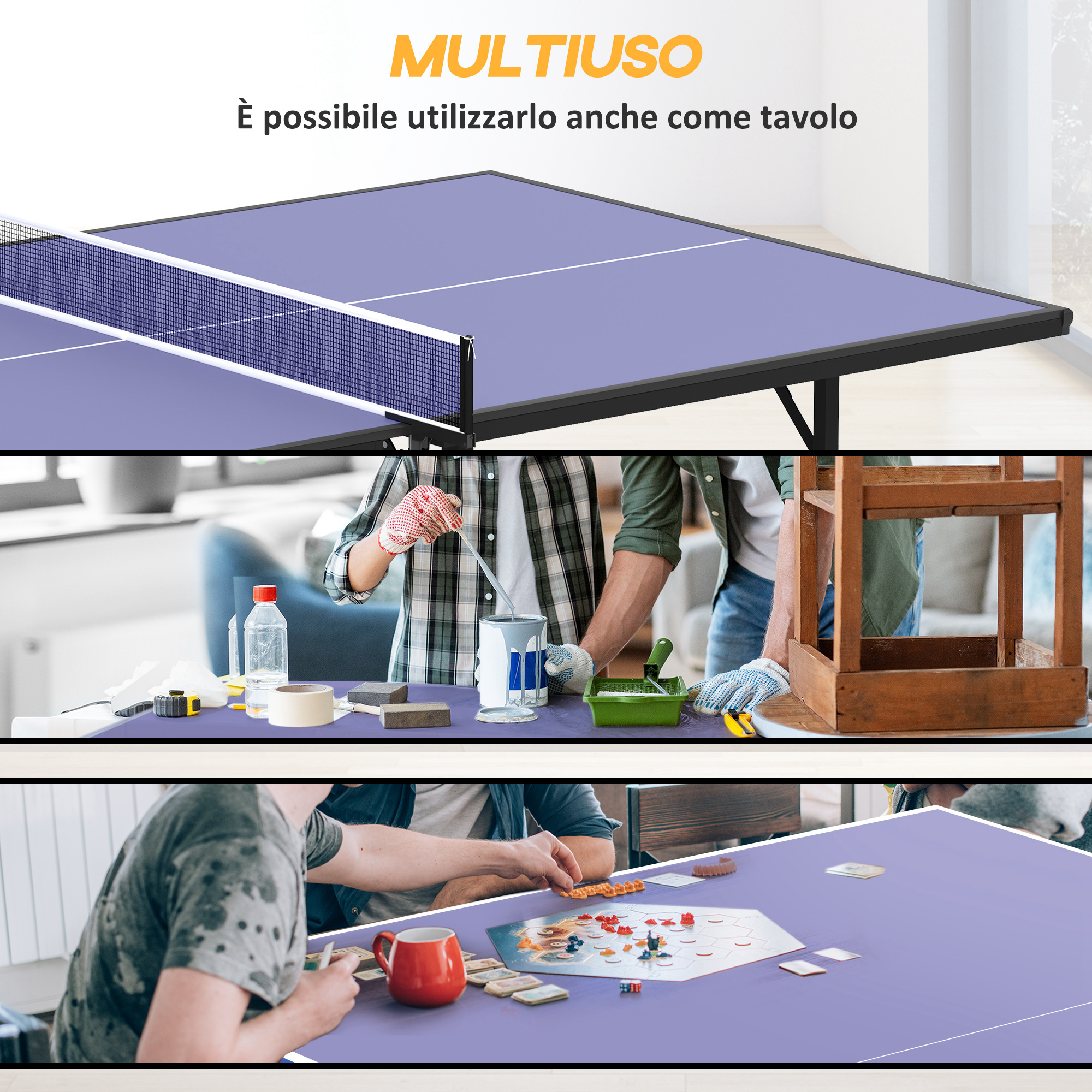 Tavolo da ping pong pieghevole per interni in mdf e acciaio, 152.5 x 274 x 76 cm, blu e viola - 