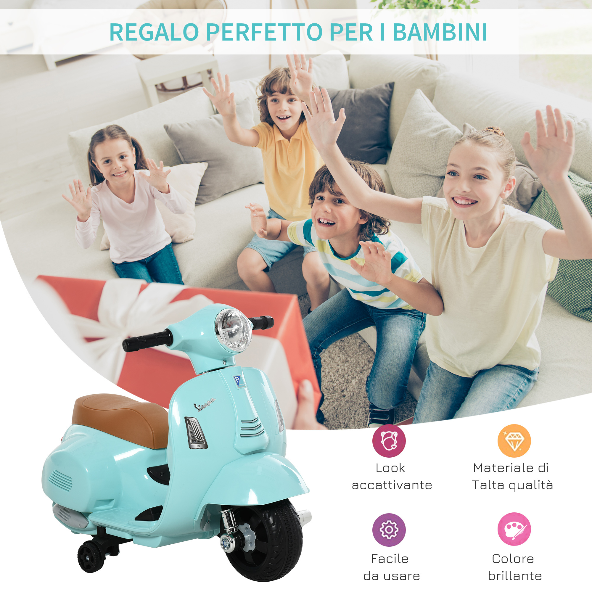 Moto elettrica per bambini con licenza ufficiale vespa batteria 6v, fari e clacson, per bimbi da 18-36 mesi, verde, 66.5x38x52cm - 