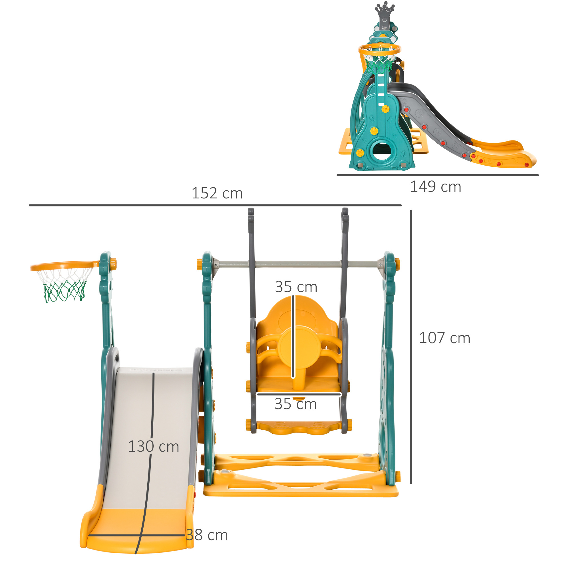 Scivolo 3 in 1 per bambini con altalena regolabile, canestro e palle per cameretta e giardino, 152x149x107cm, blu, grigio, giallo - 