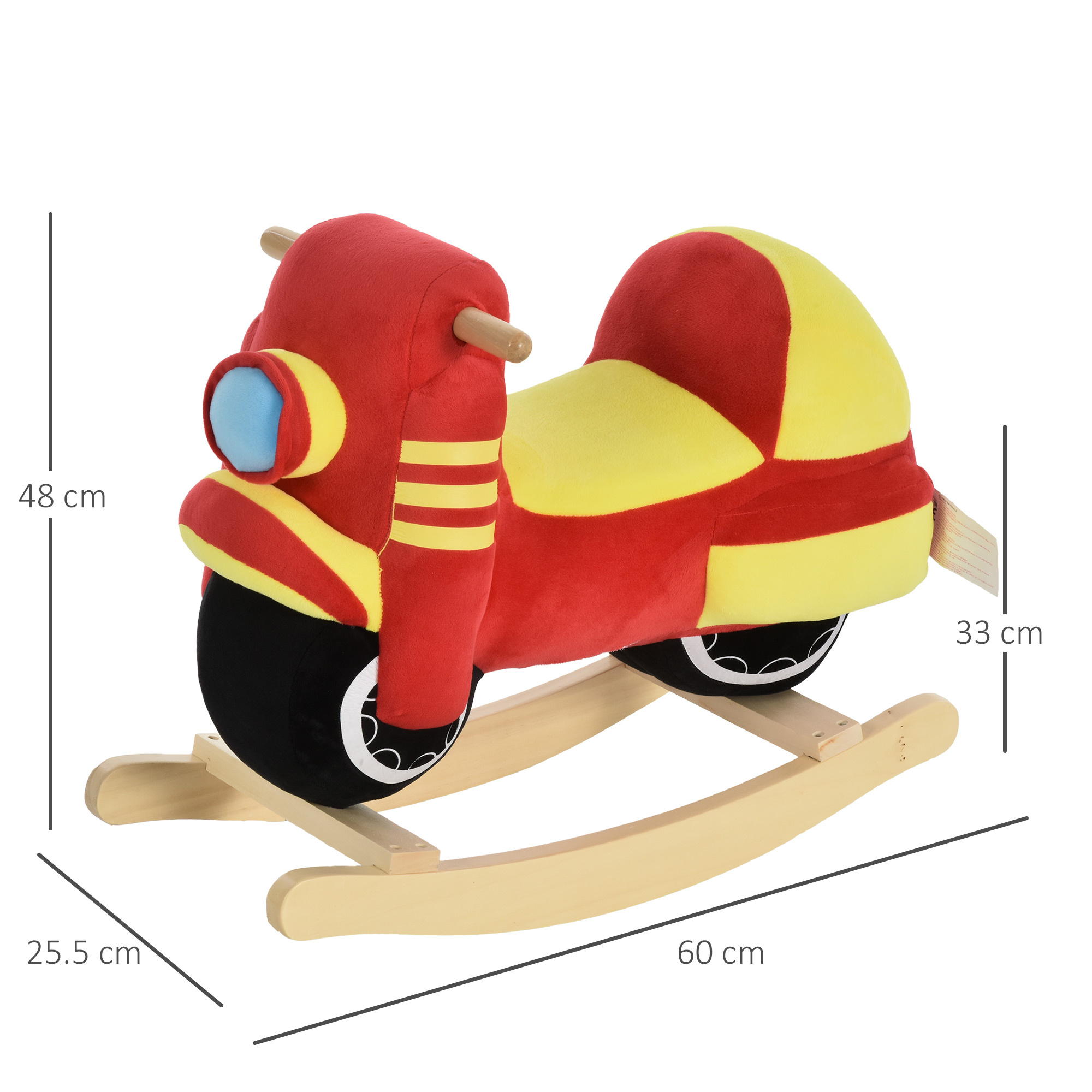 Cavallo a dondolo per bambini 18-36 mesi a forma di moto, per bambini cavalcabile in legno e peluche, suoni realistici, max. 40kg, rosso e giallo - 