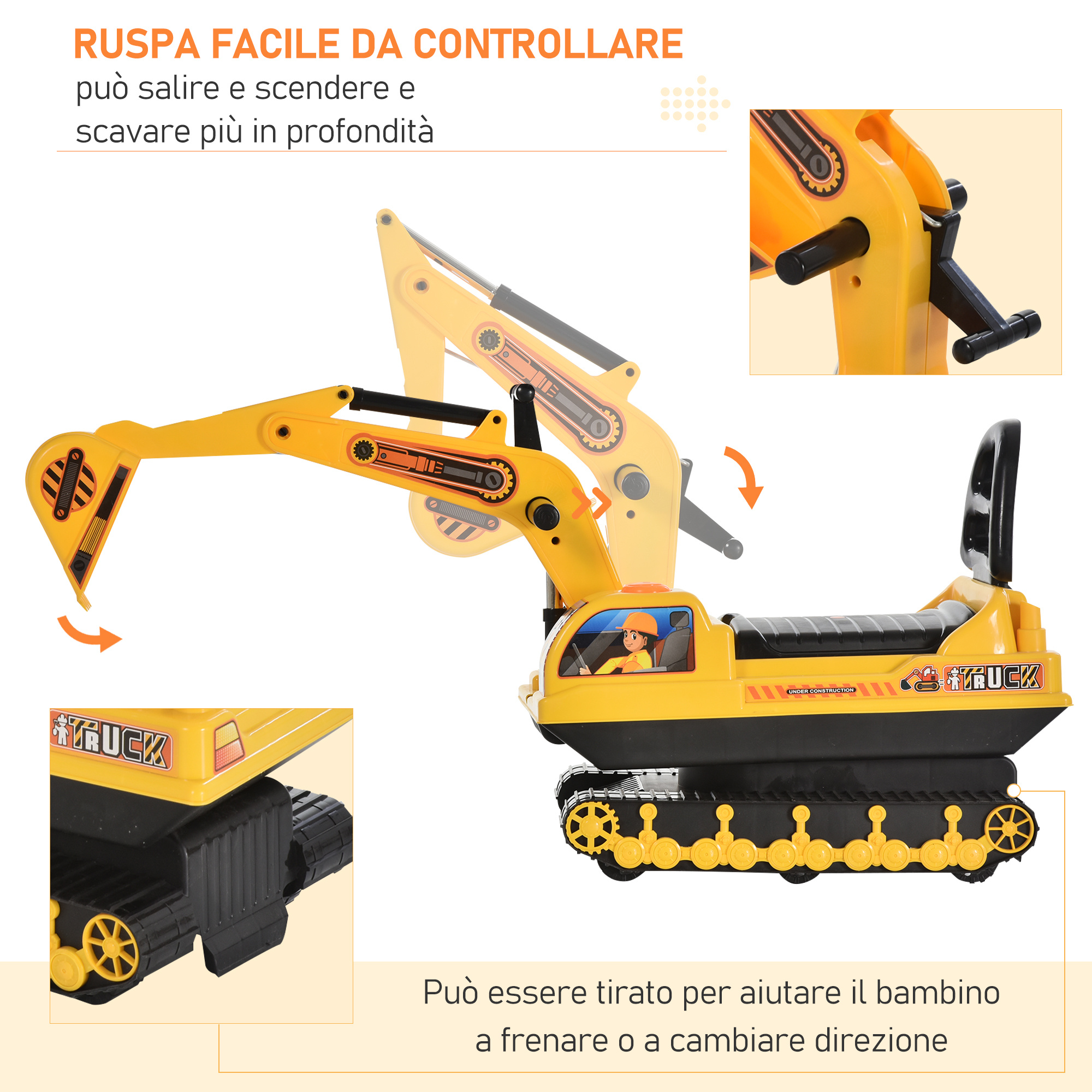 Escavatore ruspa giocattolo cavalcabile per bambini max. 30 kg con schienale, braccio mobile e vano contenitore, 78x24x58.5cm - 