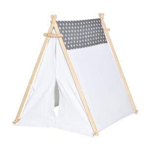 Tenda indiana per bambini 3-6 anni con porta e finestra in legno e poliestere, 130x111x136cm, grigia e bianca - 