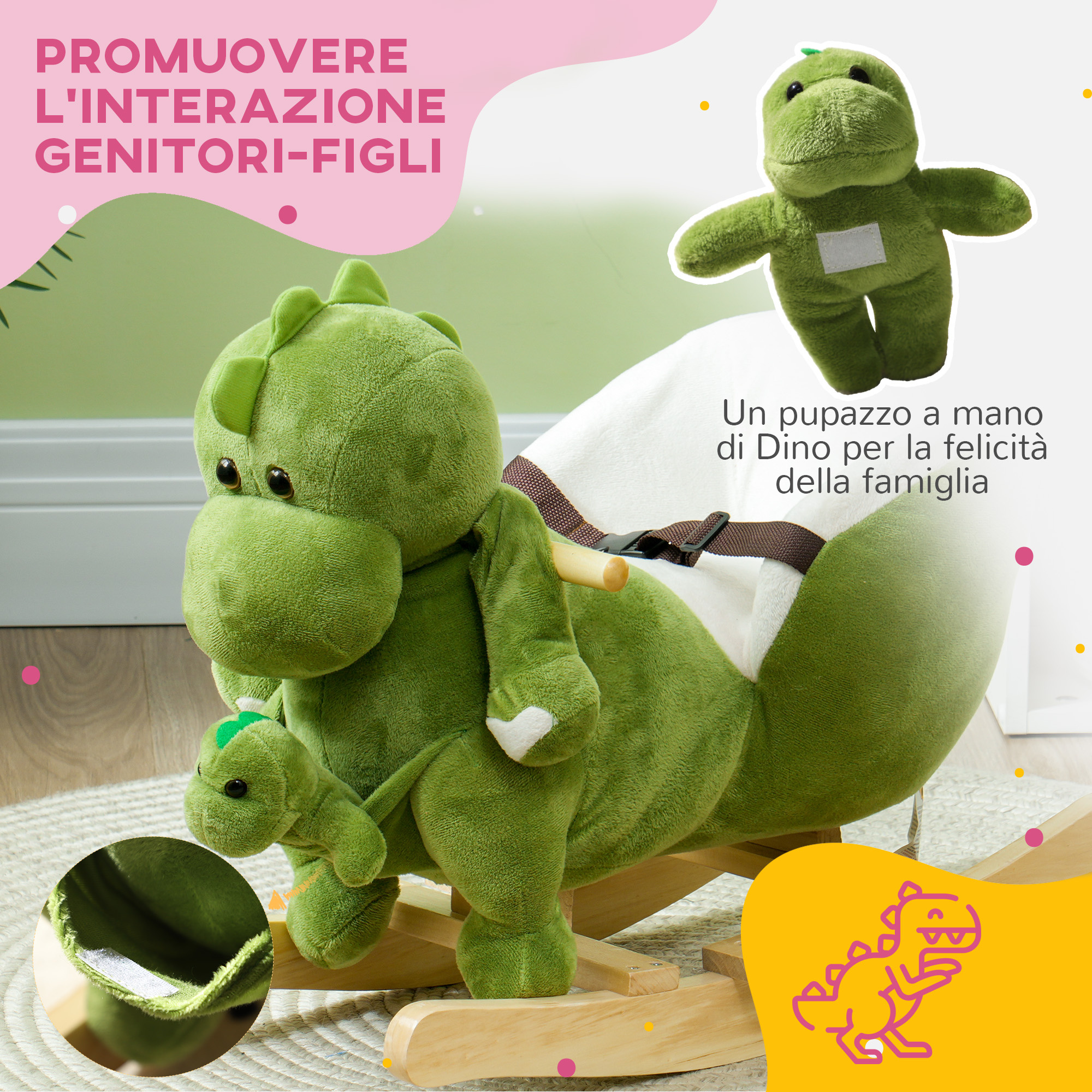 Cavallo a dondolo per bambini 18-36 mesi a dinosauro con suoni e rivestimento morbido, verde - 