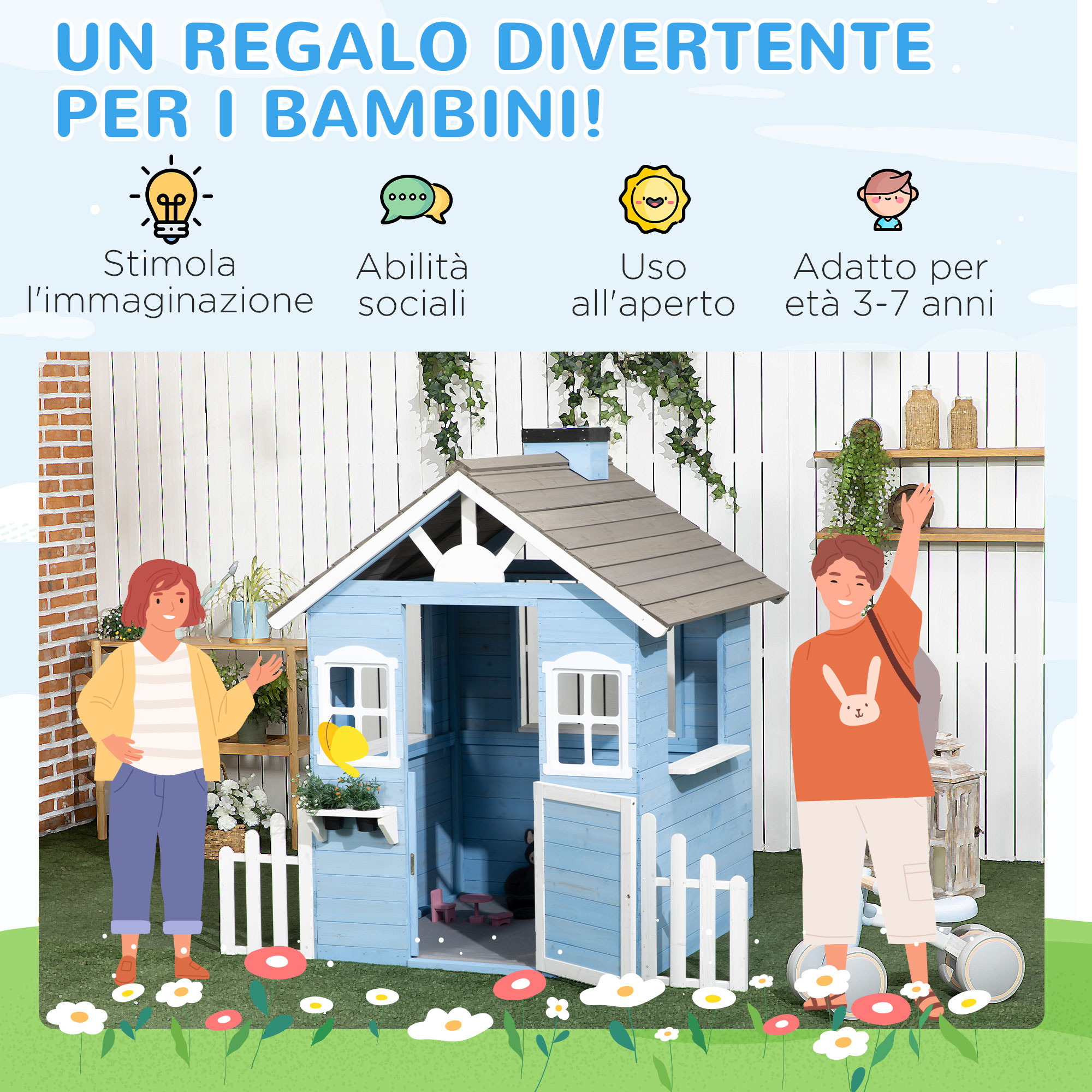 Casa per bimbi 3-7 anni con staccionata, portavasi, porta e finestre, in legno di abete, 151x112.5x142 cm, blu - 