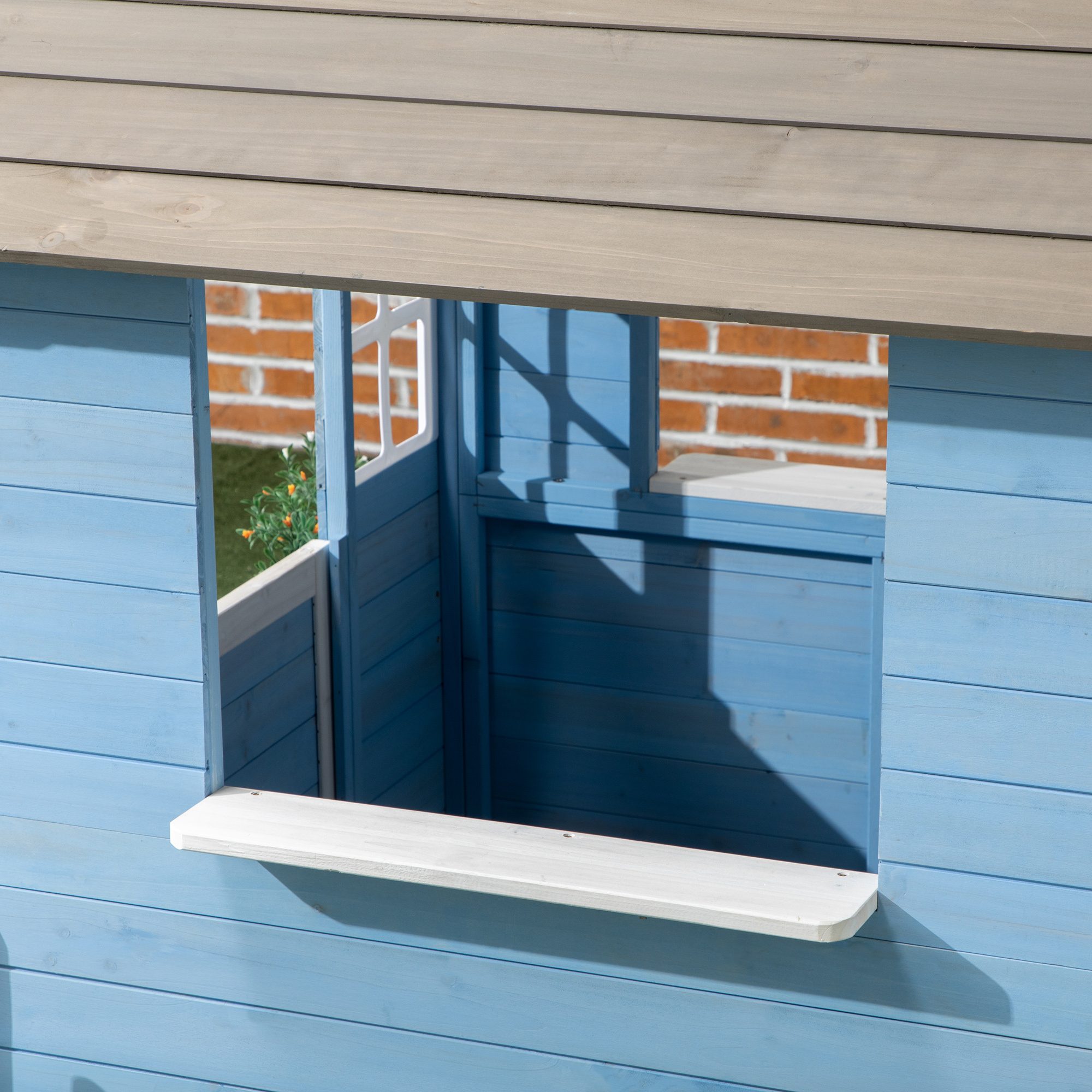 Casa per bimbi 3-7 anni con staccionata, portavasi, porta e finestre, in legno di abete, 151x112.5x142 cm, blu - 