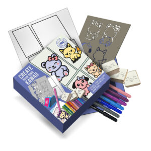 Create your own kawaii, kit creativo con timbri, stencil e pennarelli - 