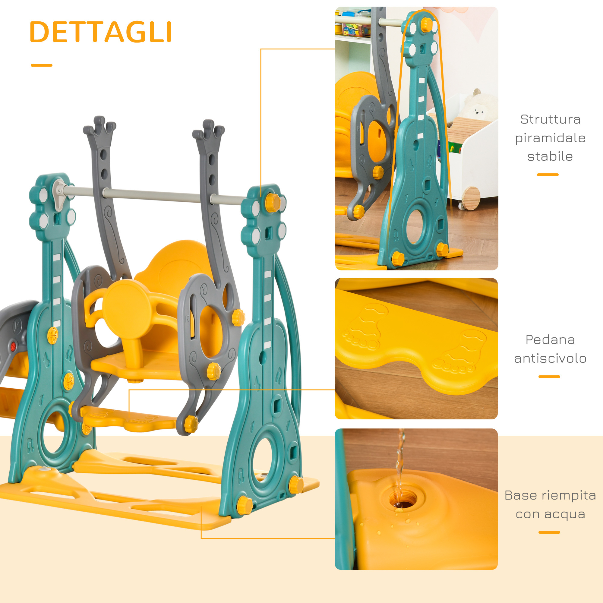 Scivolo 3 in 1 per bambini con altalena regolabile, canestro e palle per cameretta e giardino, 152x149x107cm, blu, grigio, giallo - 