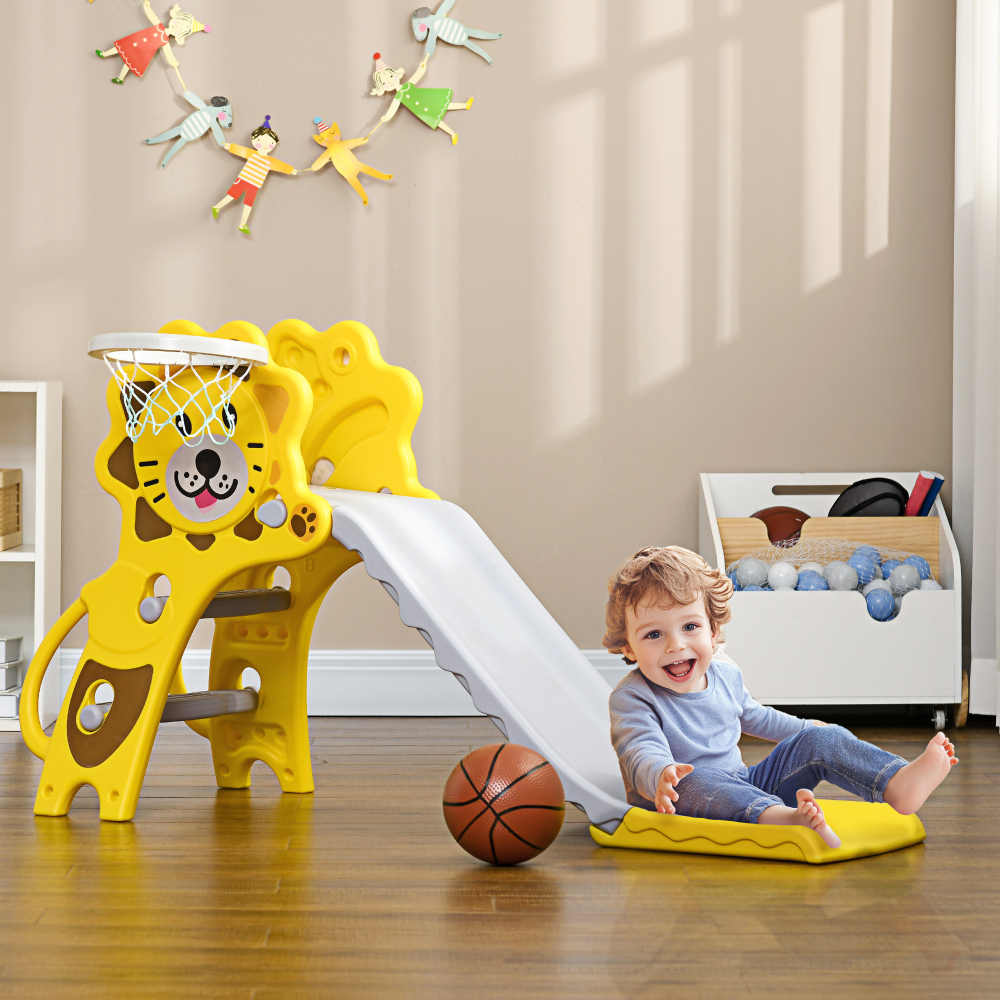 Scivolo per bambini 18-36 mesi con canestro da basket laterale in pe, 131x50x74 cm, giallo e grigio - 