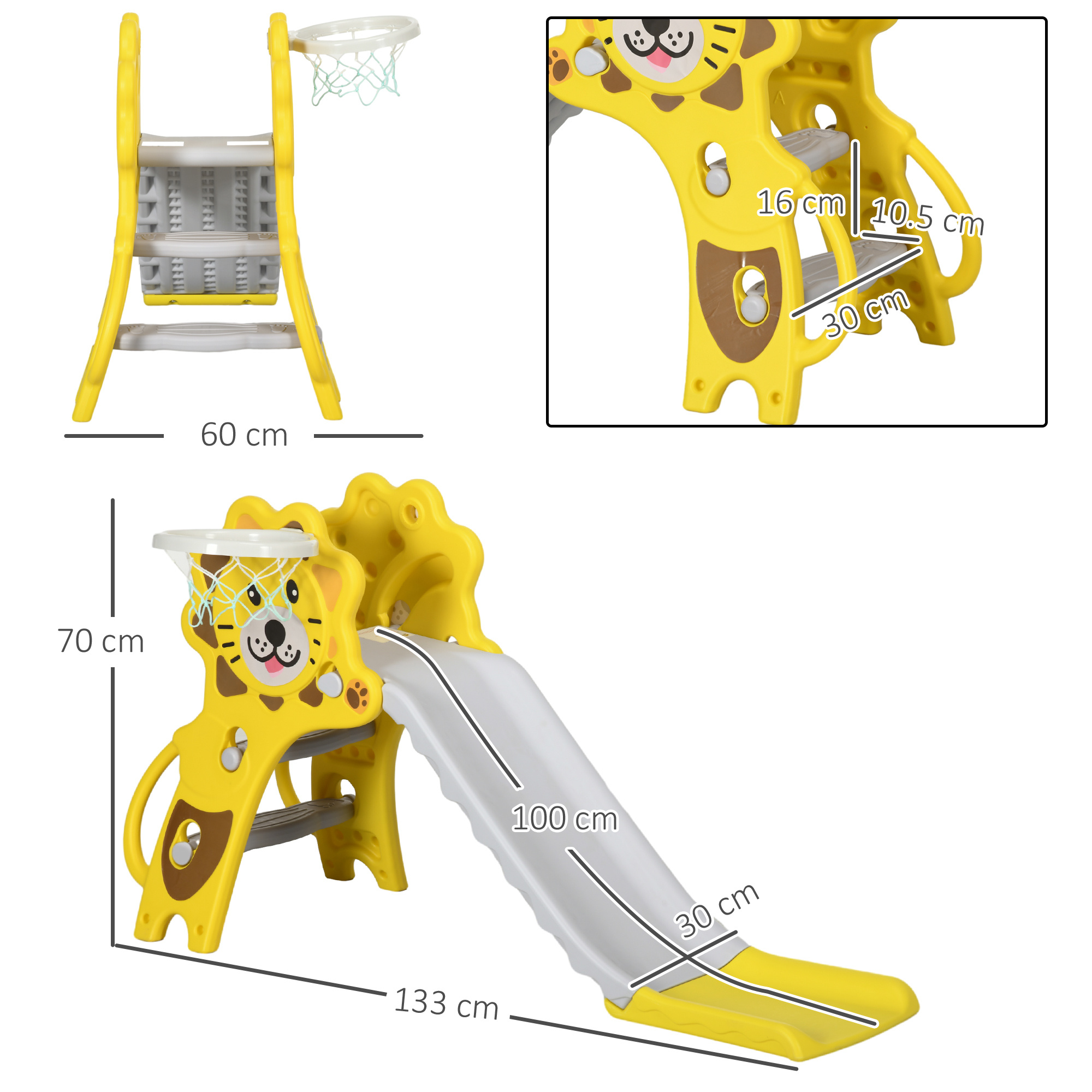 Scivolo per bambini 18-36 mesi con canestro da basket laterale in pe, 131x50x74 cm, giallo e grigio - 